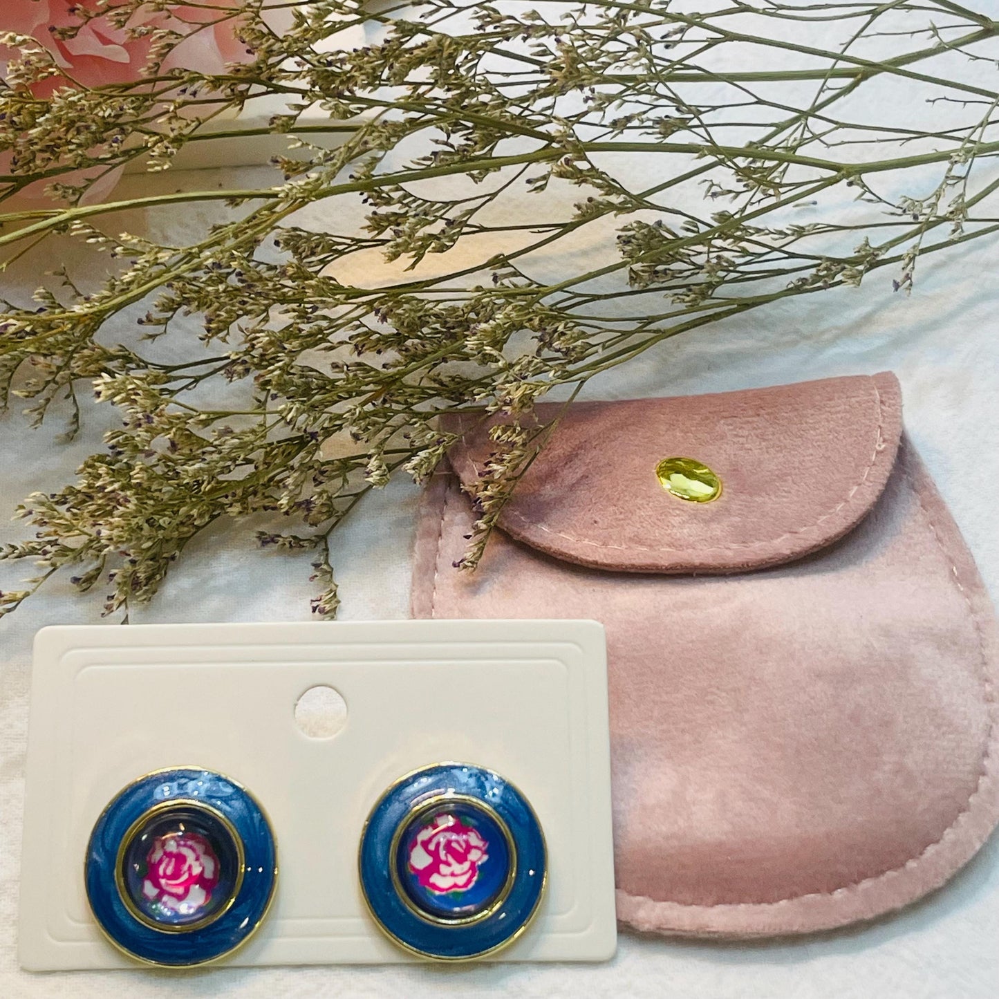 Elegant Blue Enamel Rose Stud Earrings, retro Floral studs, Gold Tone Statement Earrings, Perfect Gift for Her, Unique Flower Stud Earrings