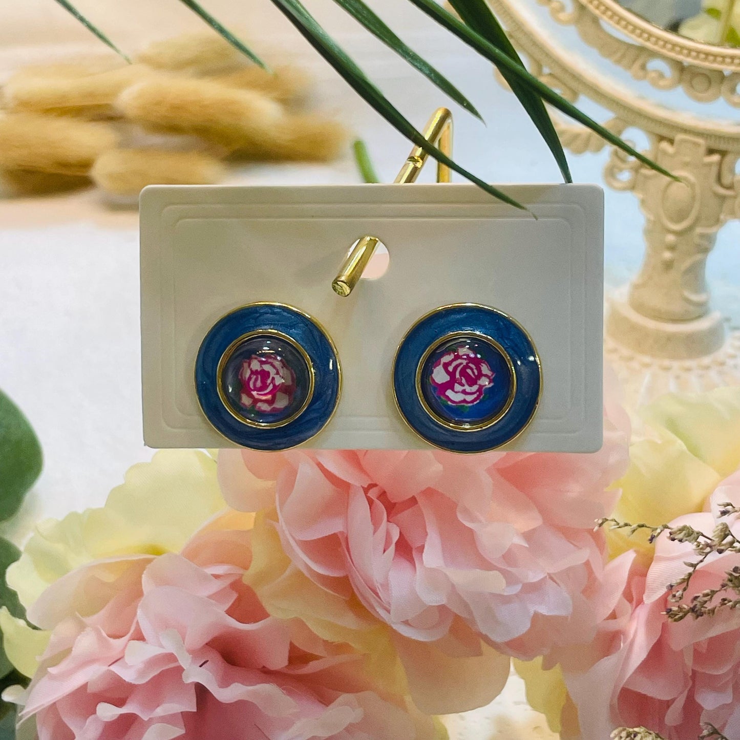 Elegant Blue Enamel Rose Stud Earrings, retro Floral studs, Gold Tone Statement Earrings, Perfect Gift for Her, Unique Flower Stud Earrings
