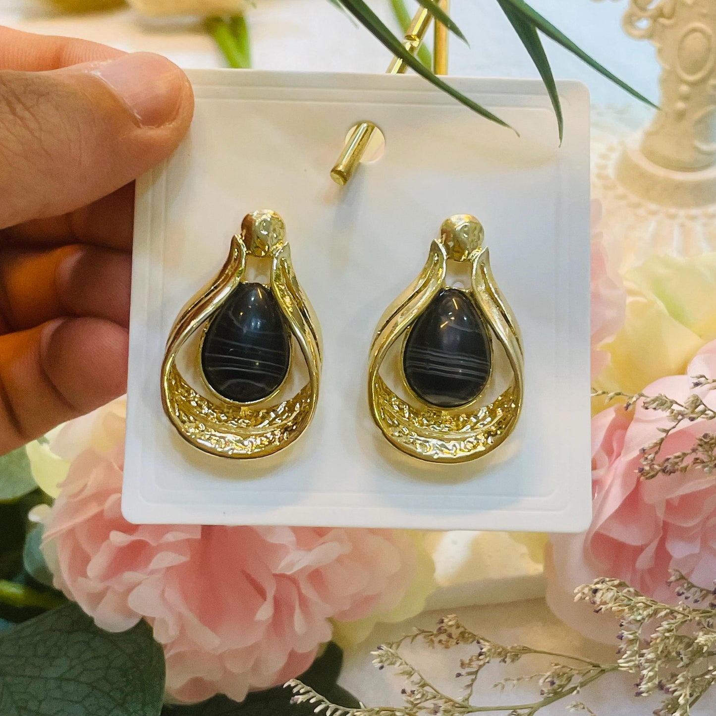 Elegant Gold and Black Crystal Stud Earrings, Intricate Design, Gold Tone Statement Earrings, Perfect Gift for Her black stone stud earrings