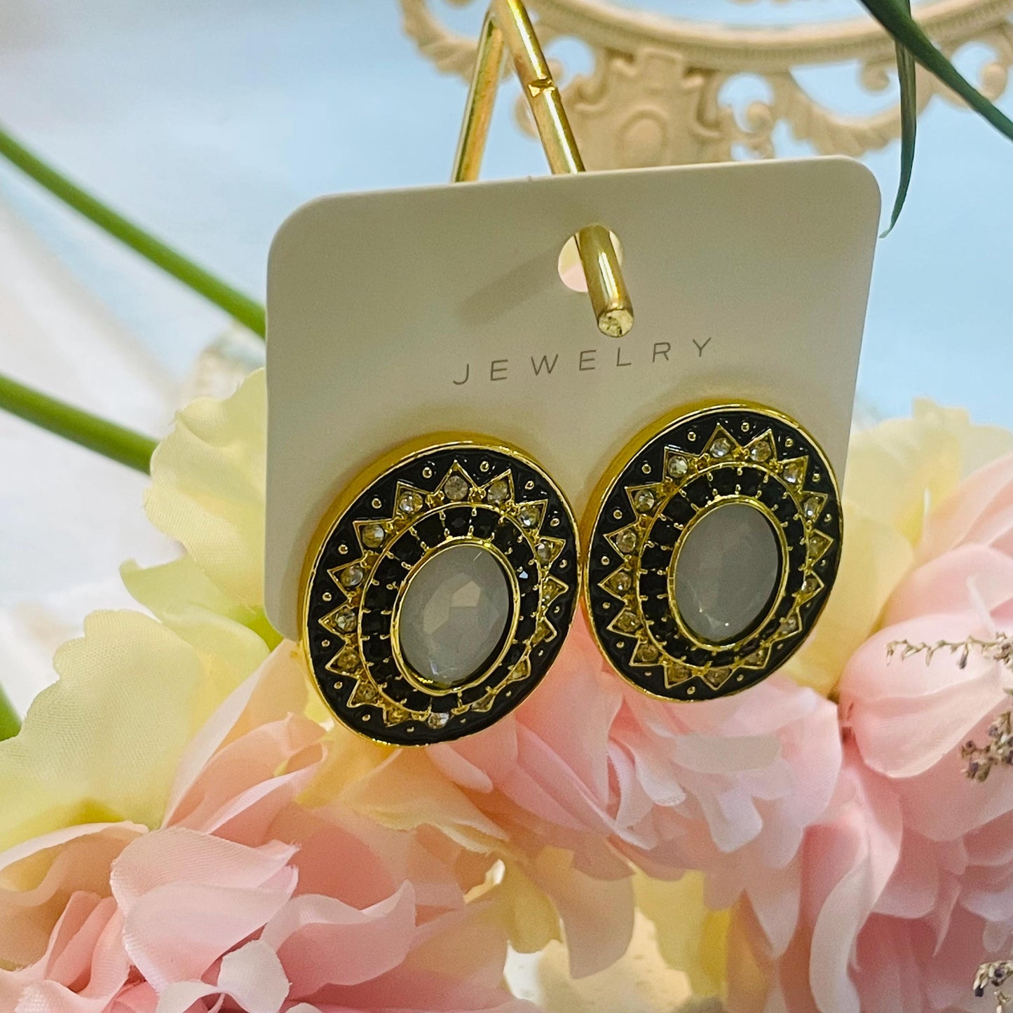 Vintage Black Enamel Gold tone Stud Earrings, Elegant Crystal Rhinestone Design, Black Enamel Stud Earrings Gold Tone Statement Jewelry Gift