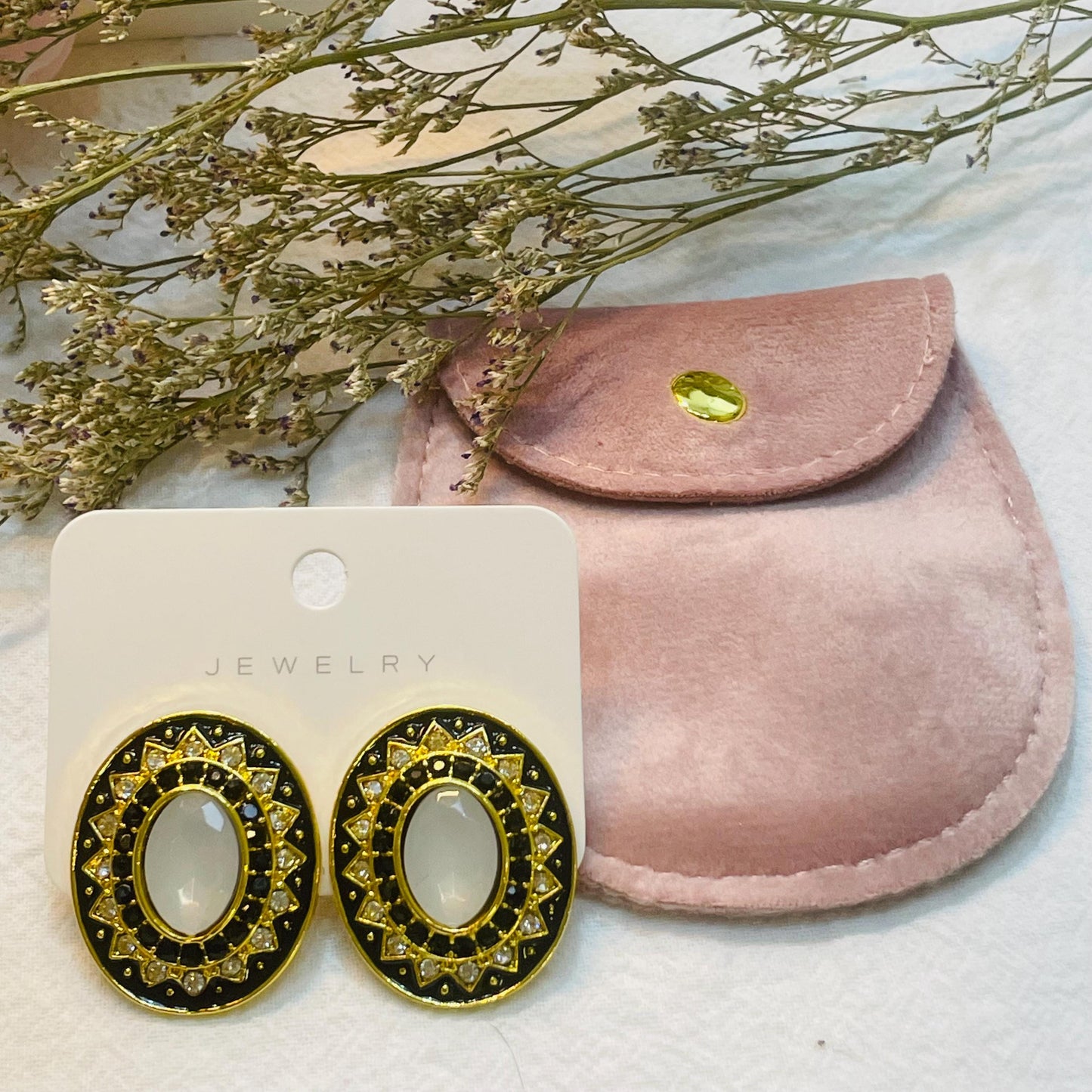 Vintage Black Enamel Gold tone Stud Earrings, Elegant Crystal Rhinestone Design, Black Enamel Stud Earrings Gold Tone Statement Jewelry Gift