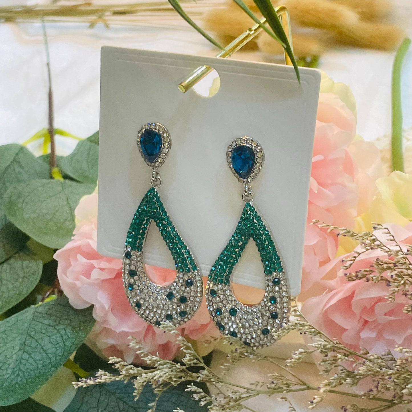 Elegant Teardrop Crystal Earrings, Sparkling Rhinestone Design, Teardrop Crystal Drop Earrings Green and Blue Statement Dangle Earrings Gift