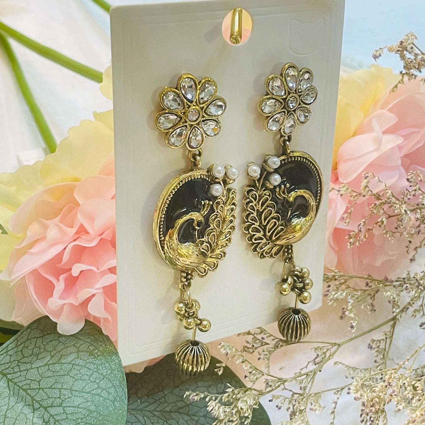 Gold tone Peacock Pearl Drop Earrings, Elegant Floral Design, Rhinestone Dangle Earrings, Crystal Flower Statement Earrings, Gift for Her