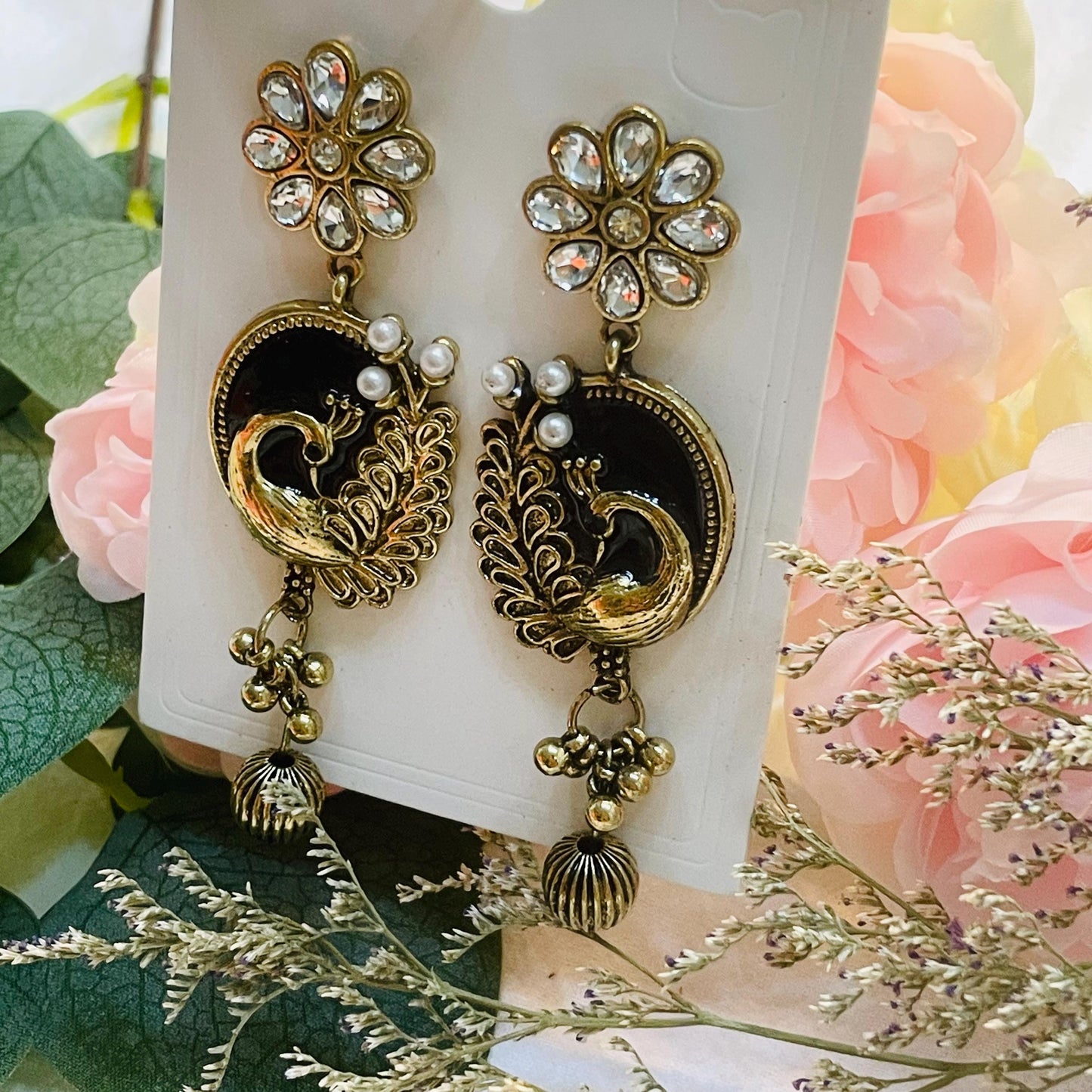 Gold tone Peacock Pearl Drop Earrings, Elegant Floral Design, Rhinestone Dangle Earrings, Crystal Flower Statement Earrings, Gift for Her