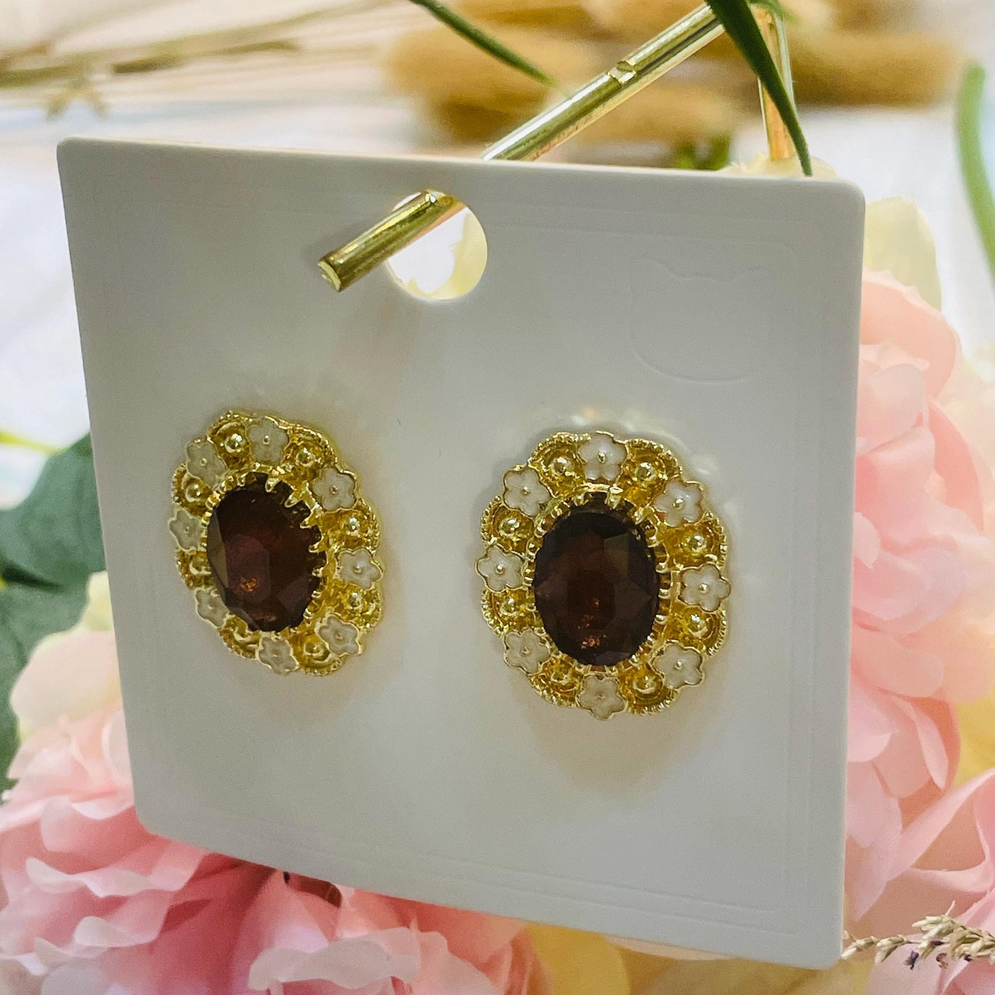 Elegant Gold tone tiny Enamel Flower Stud Earrings with Oval Dark red Crystal Center, Vintage-Inspired Floral Design, Perfect Gift for Her