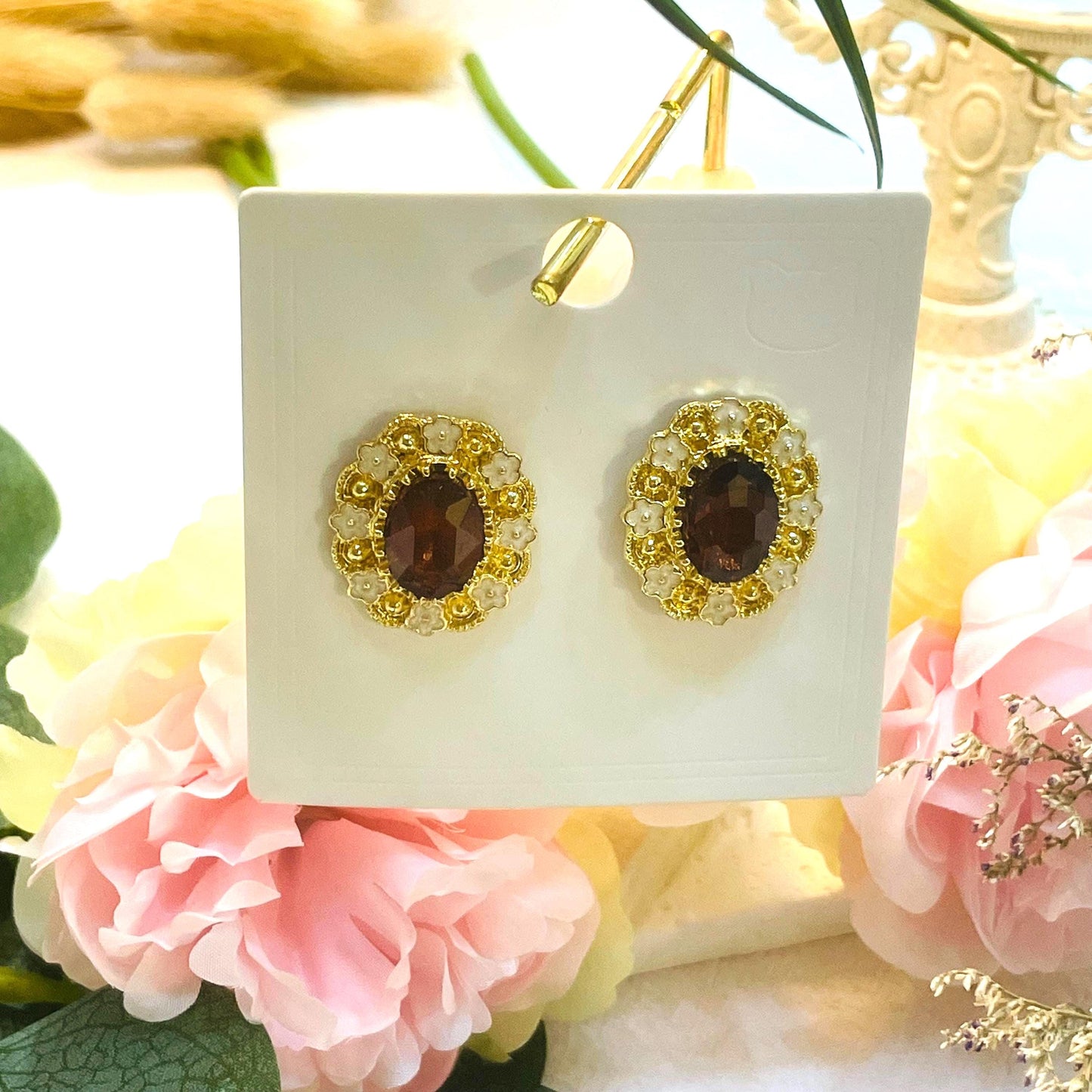 Elegant Gold tone tiny Enamel Flower Stud Earrings with Oval Dark red Crystal Center, Vintage-Inspired Floral Design, Perfect Gift for Her