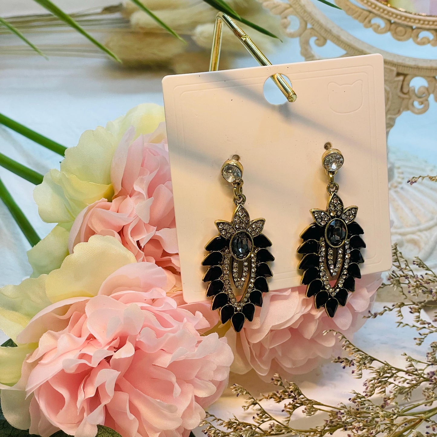Black Cubic Zirconia Leaf Earrings, Black Gold Earrings Bridal Black Earrings Crystal Gold Black Crystal Earrings Bridesmaids Black Earrings