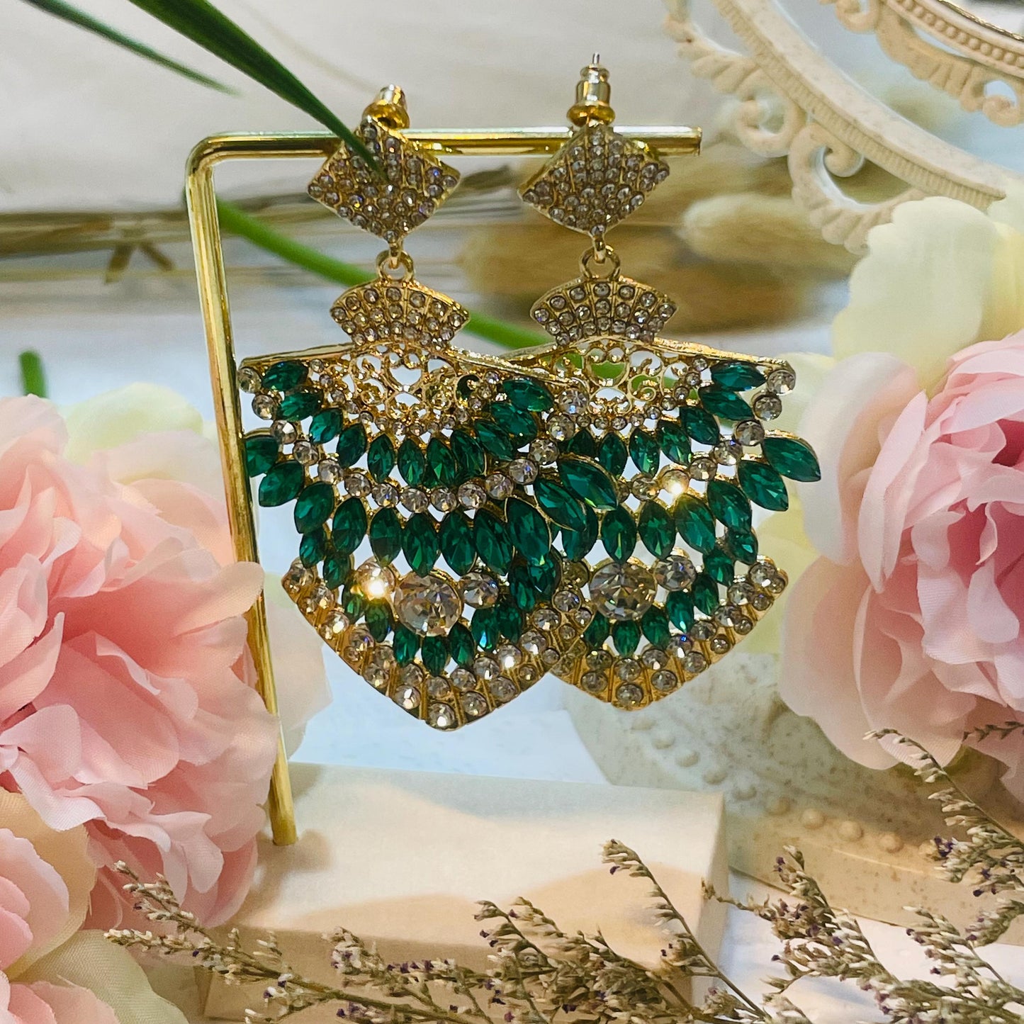 Fan Tassel Earrings | Fringe Earrings green rhinestones Earrings crystal Earrings Boho Skirt Design Vintage Drama drop earrings Gift for Her