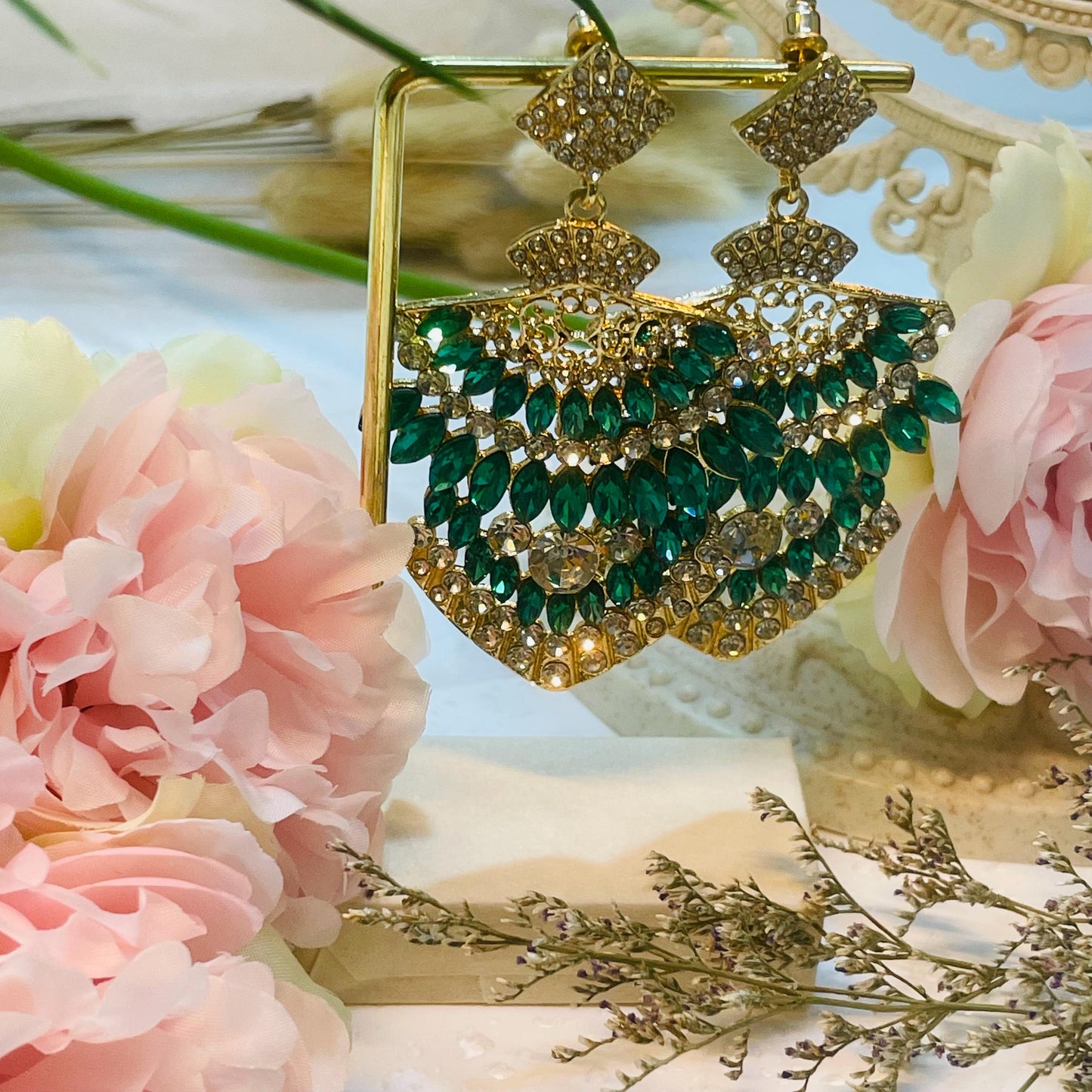 Fan Tassel Earrings | Fringe Earrings green rhinestones Earrings crystal Earrings Boho Skirt Design Vintage Drama drop earrings Gift for Her