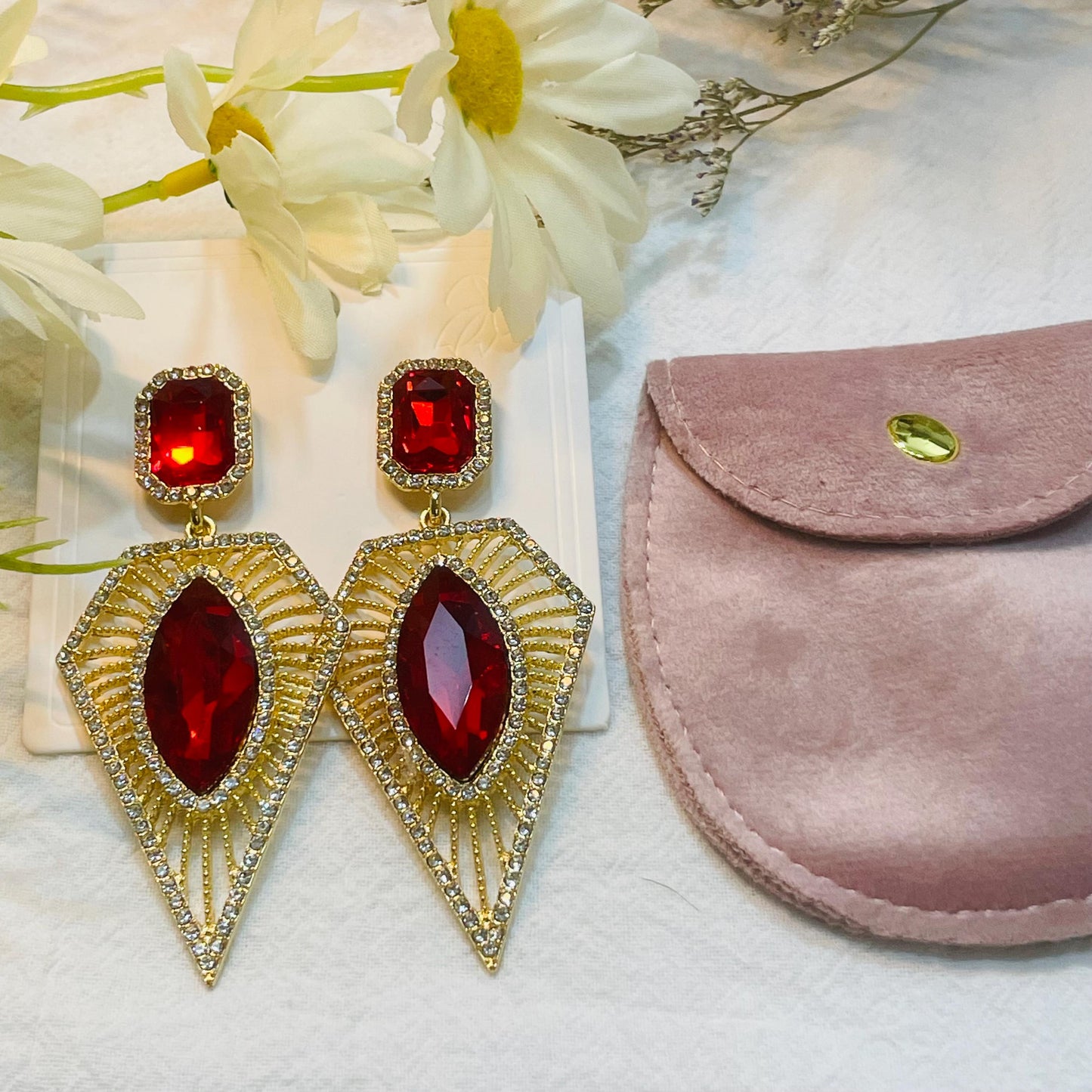 Red Crystal Halo Dangle Drop Earrings, Ruby Red Crystal Earrings, geometric Red Crystal Dangle Earrings, Red rhinestones Birthstone Jewelry