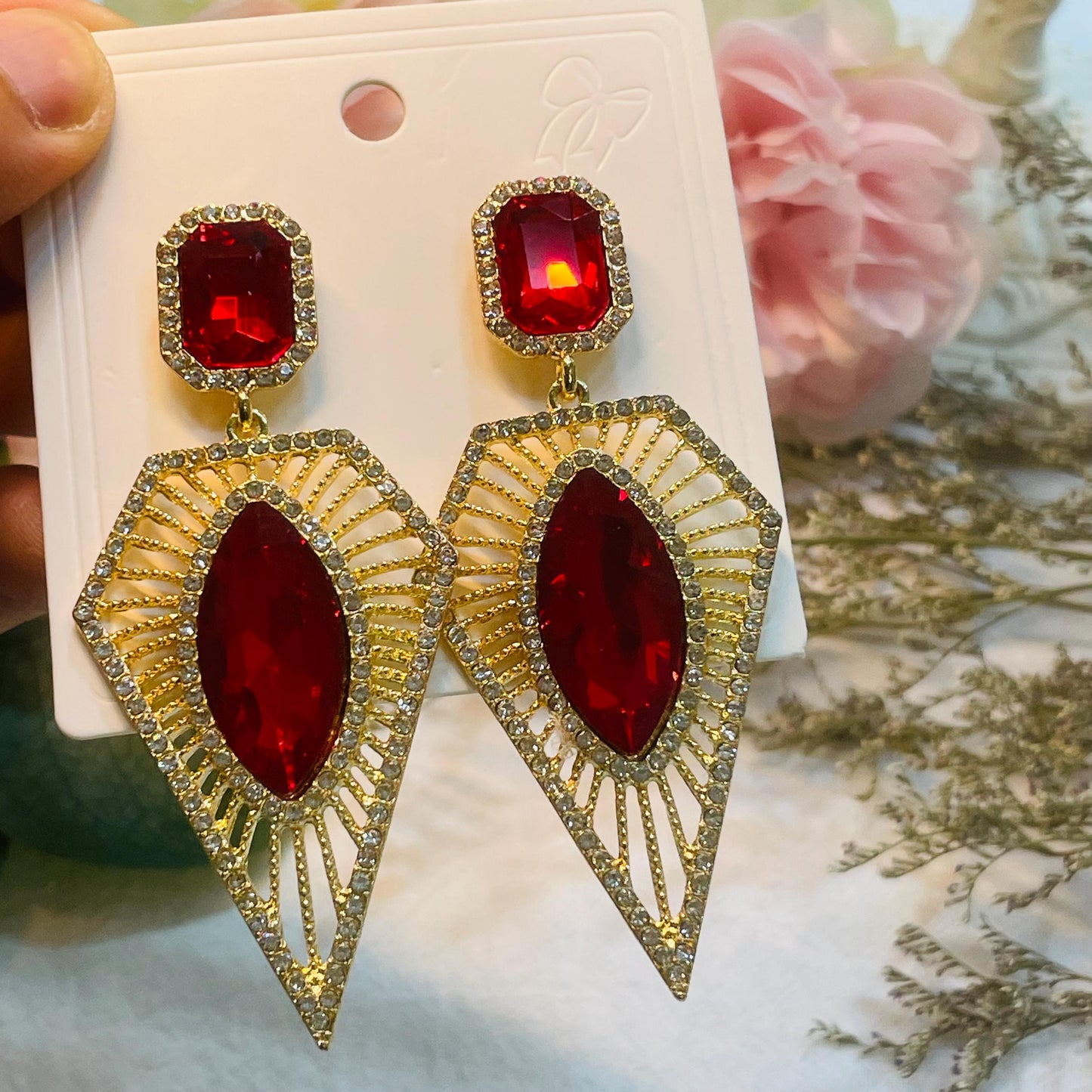 Red Crystal Halo Dangle Drop Earrings, Ruby Red Crystal Earrings, geometric Red Crystal Dangle Earrings, Red rhinestones Birthstone Jewelry