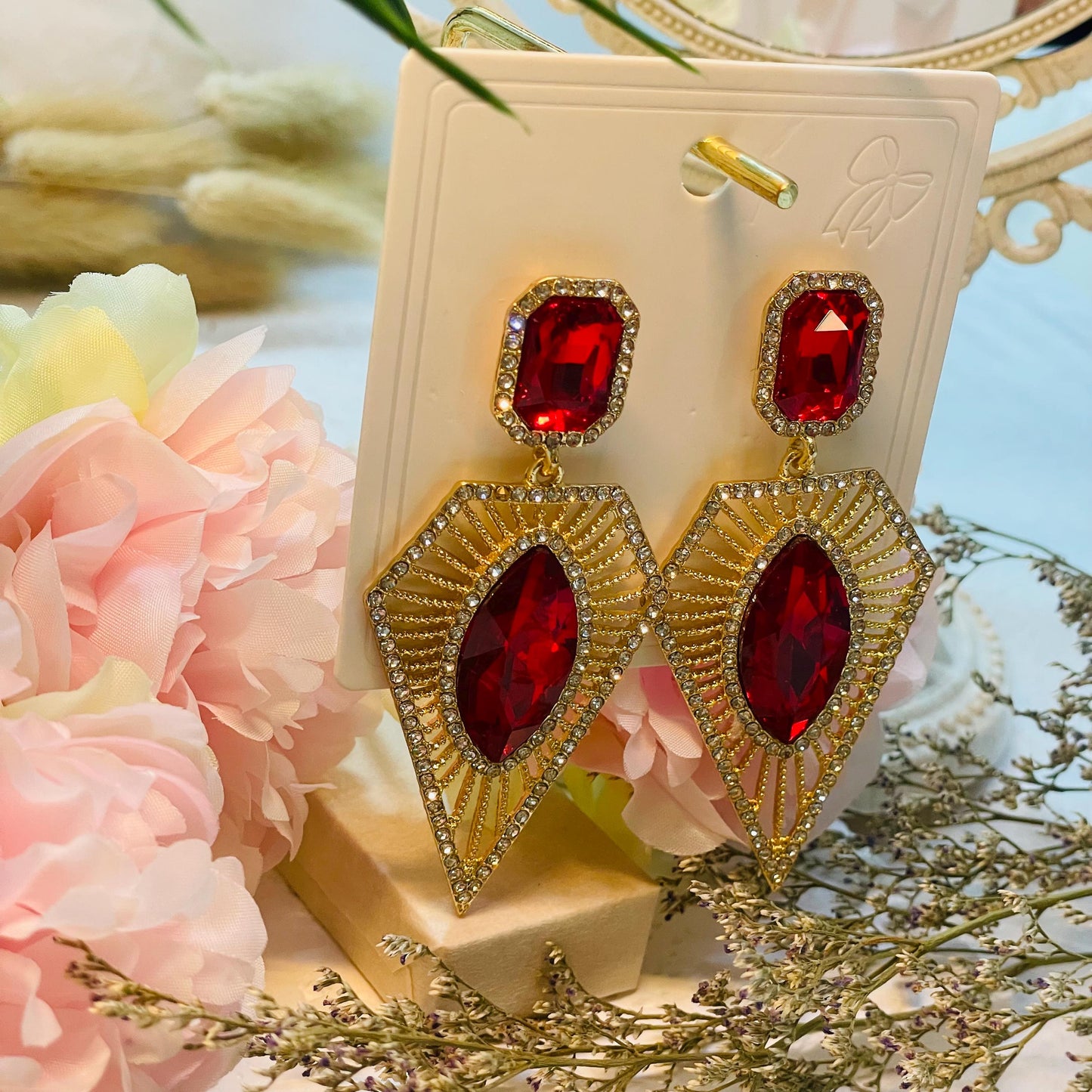 Red Crystal Halo Dangle Drop Earrings, Ruby Red Crystal Earrings, geometric Red Crystal Dangle Earrings, Red rhinestones Birthstone Jewelry