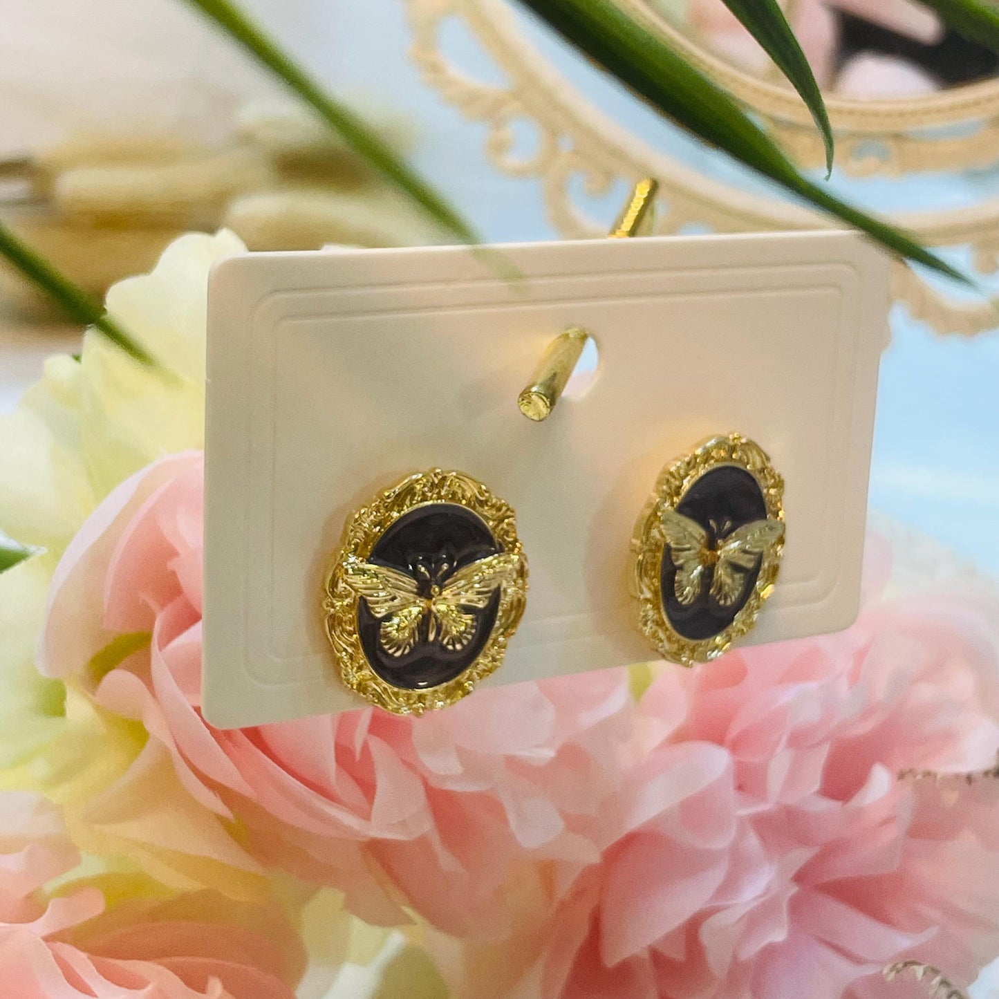 Gold Butterfly Charm stud Earrings, Butterfly stud Earrings, Black Butterfly Earrings Gold Charm Earrings black resin stud earrings gift