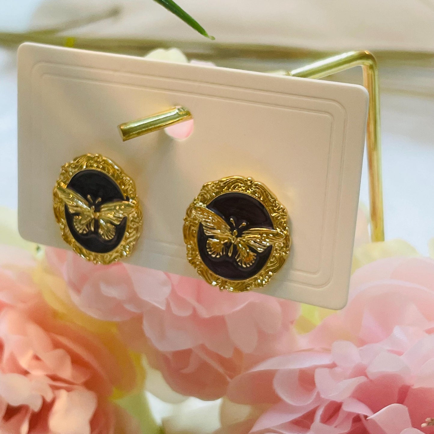 Gold Butterfly Charm stud Earrings, Butterfly stud Earrings, Black Butterfly Earrings Gold Charm Earrings black resin stud earrings gift