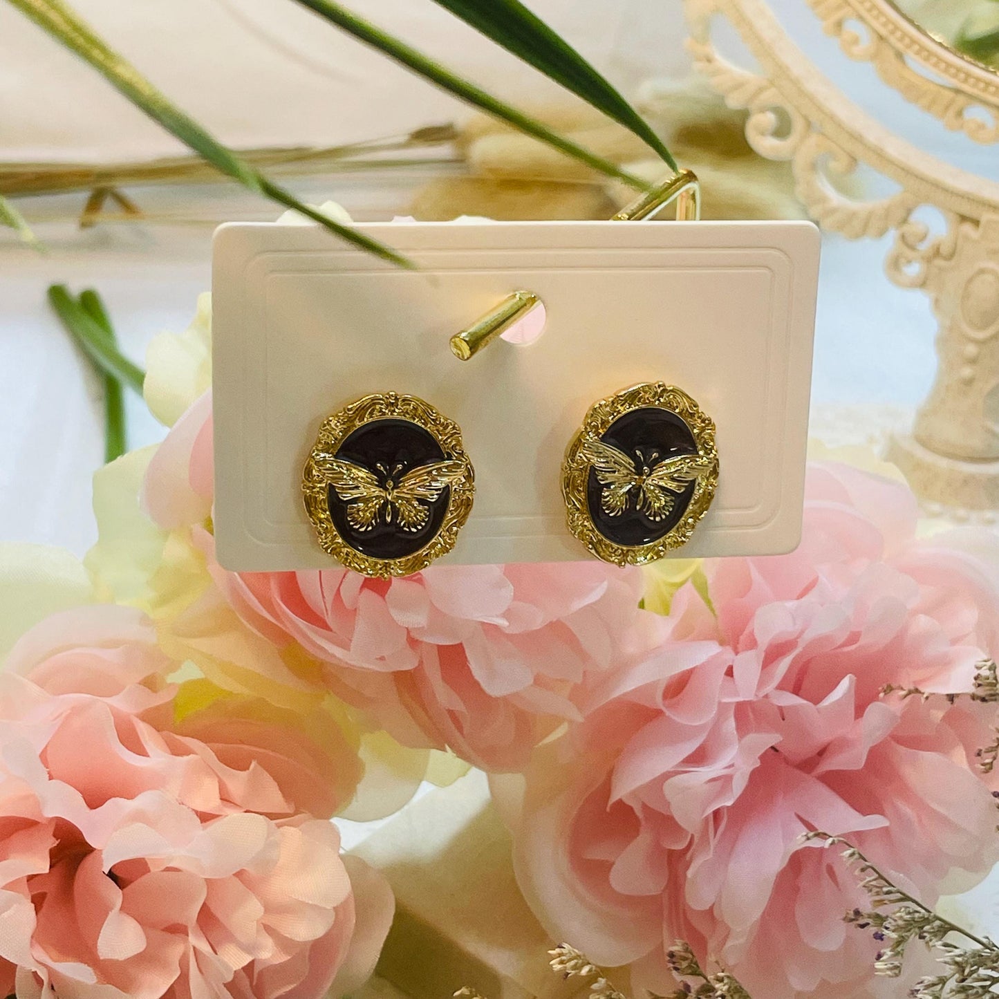 Gold Butterfly Charm stud Earrings, Butterfly stud Earrings, Black Butterfly Earrings Gold Charm Earrings black resin stud earrings gift