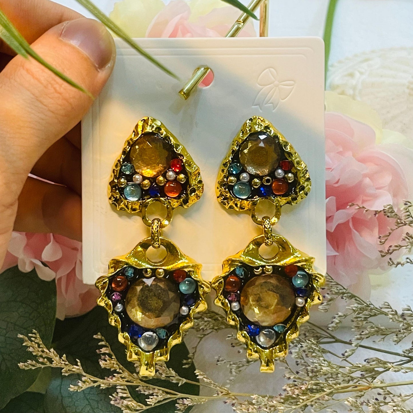 Multicolor Crystals dangle Geometric Crystal drop earrings | Colorful Rhinestone Earrings | big Crystal earring, retro Crystal Earrings gift