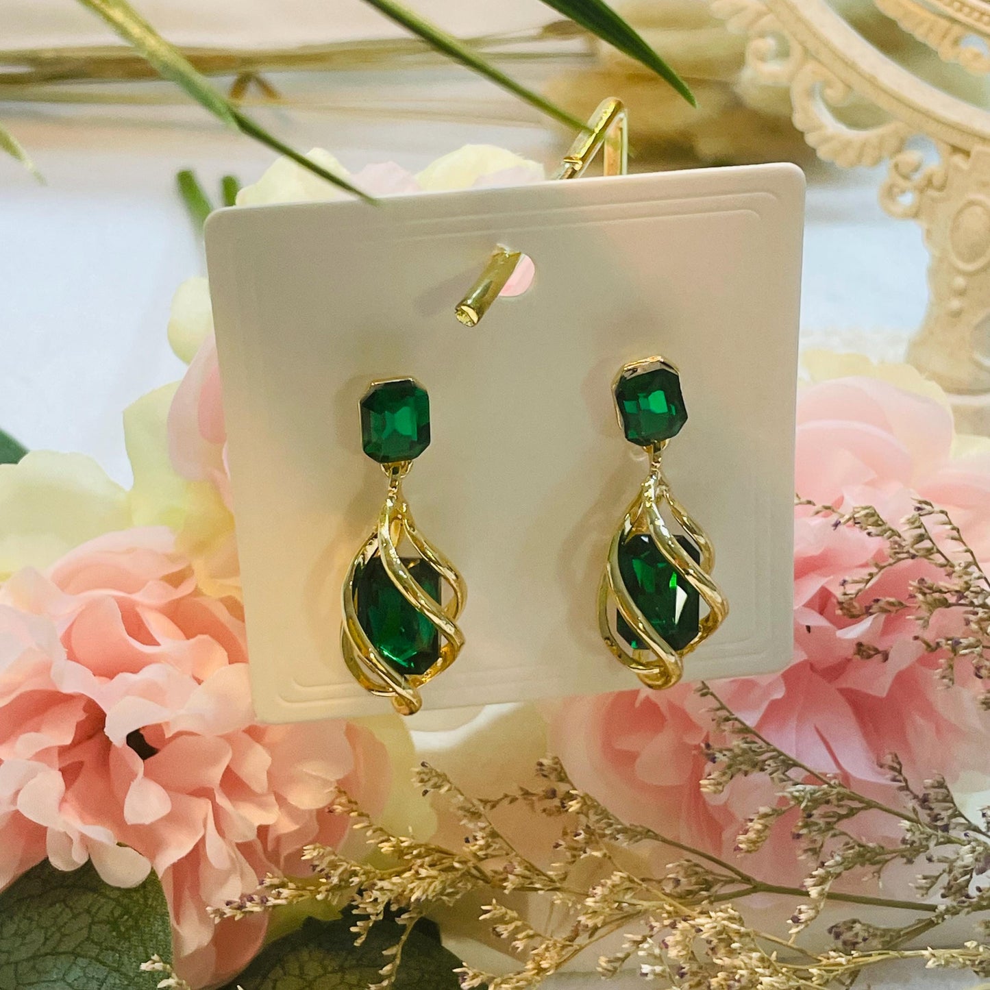 Elegant Green Crystal Earrings, Gold tone Twisted Design, Statement Jewelry for Women, Perfect Gift for Any Occasion, crystal dangle earring