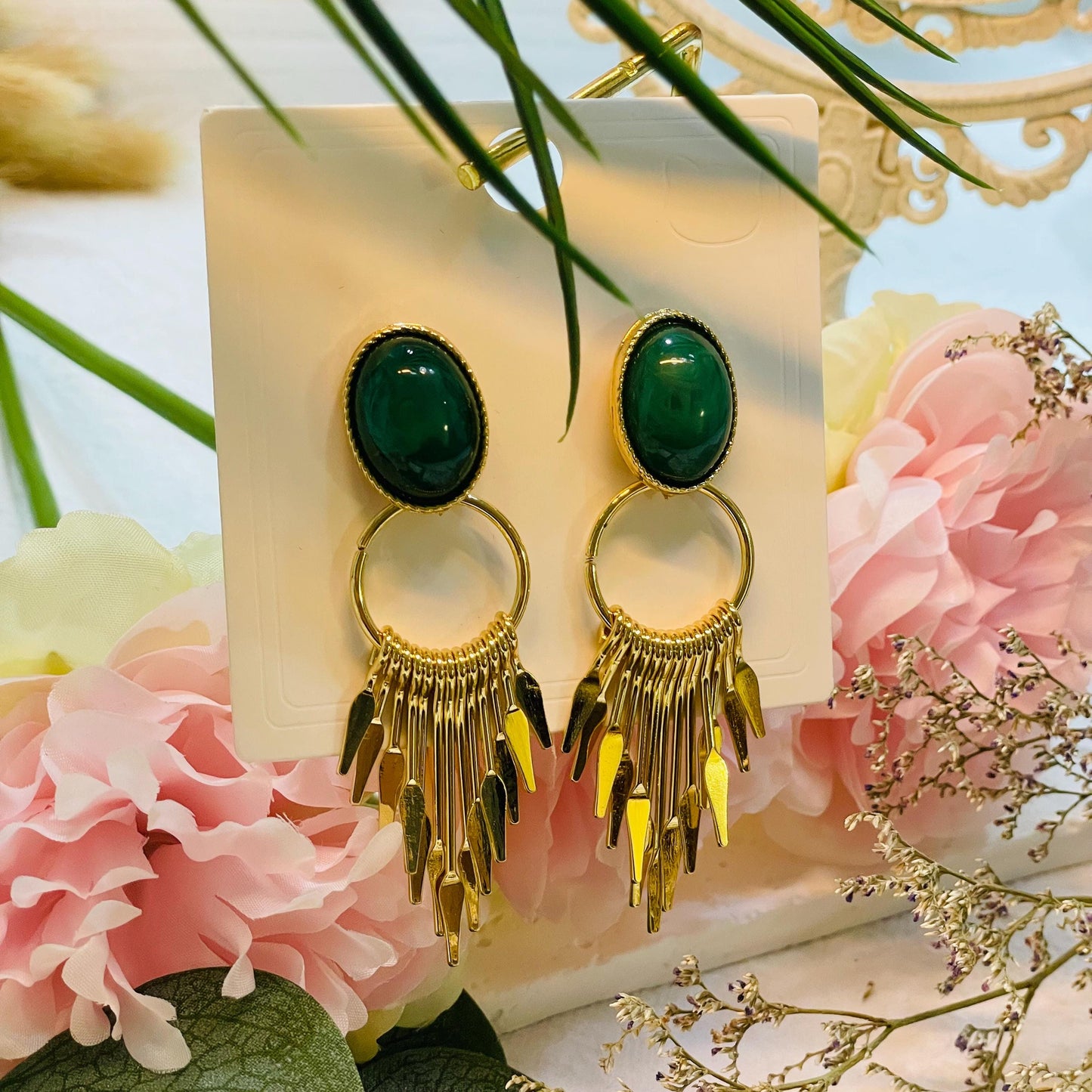 Green Oval Stone Gold Drop Earrings, Green Gemstone Dangle Earrings, Gold Tone Statement Tassel Earrings with Oval Green Stone gift for Her