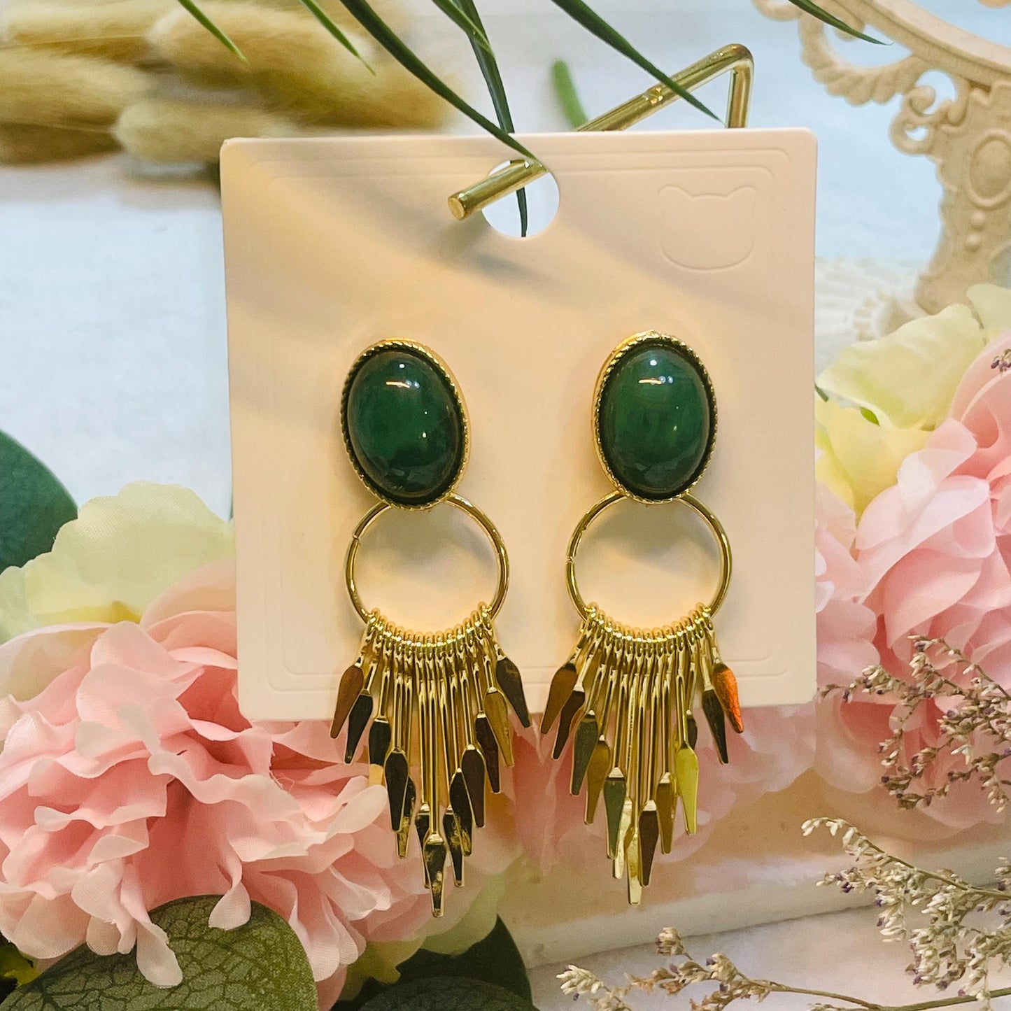Green Oval Stone Gold Drop Earrings, Green Gemstone Dangle Earrings, Gold Tone Statement Tassel Earrings with Oval Green Stone gift for Her