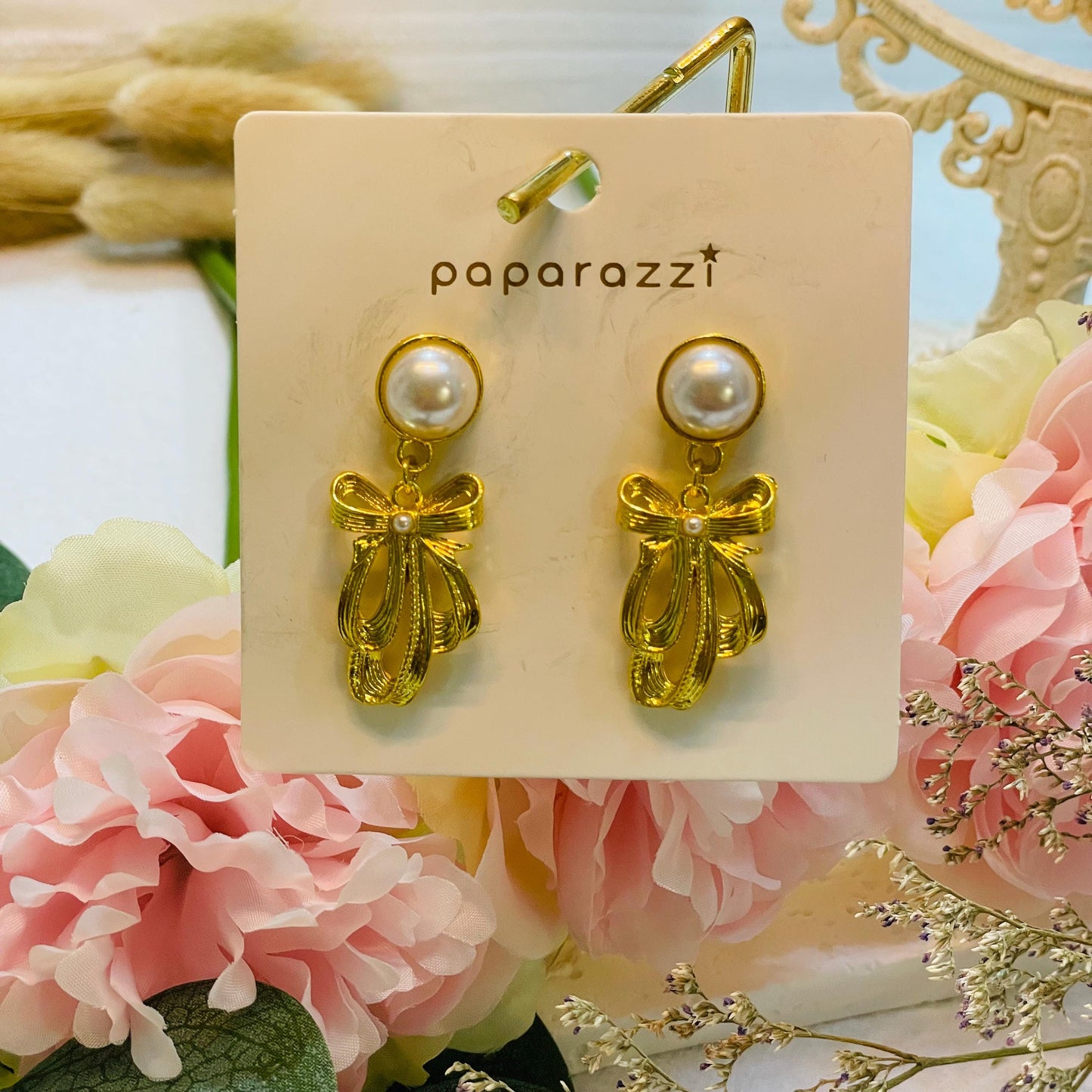 Elegant Gold tone Pearl Drop ribbon Earrings, Pearl Bow Earrings Gold Pearl Dangle Earrings Statement Jewelry Gift for Her Ribbon Bow Dangle