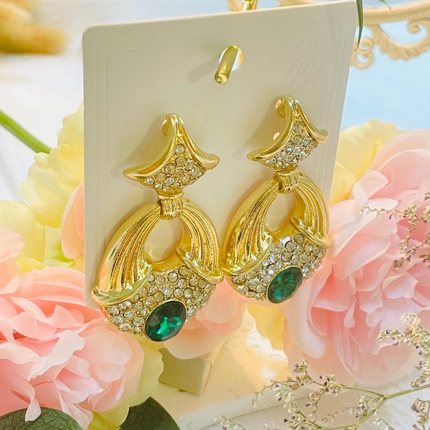 Vintage Gold Drop Oval Green Crystal Rhinestone Earrings, Gold Pearl Dangle Earrings with Green Gemstone, Statement Earrings Gift for Her