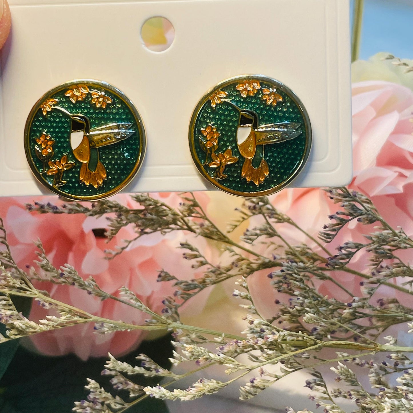 Brass Enamel Hummingbird Portrait Stud Earrings | Colorful Nature Flying Bird Post Earrings, Enameled Bird gold flower Earrings gift for her