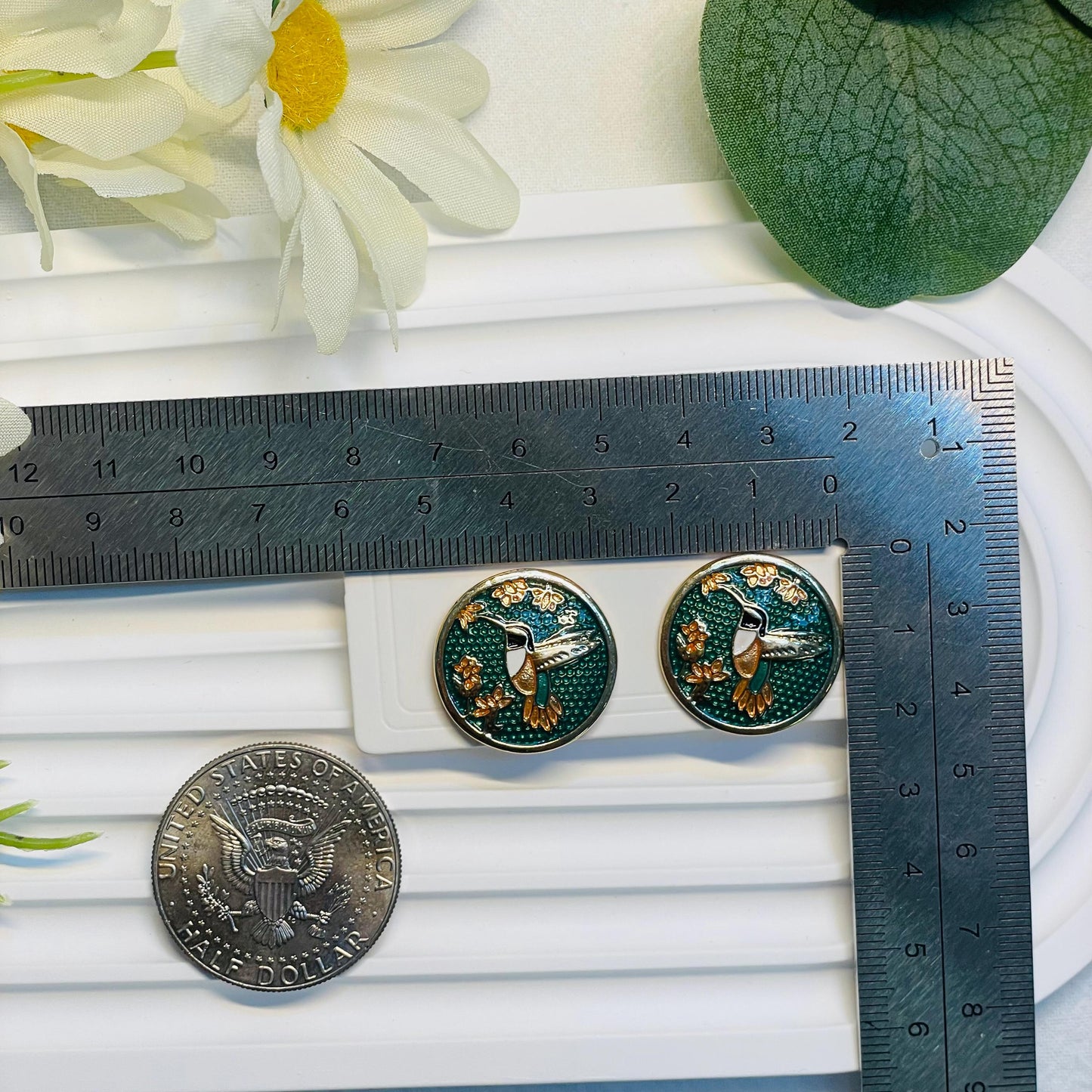 Brass Enamel Hummingbird Portrait Stud Earrings | Colorful Nature Flying Bird Post Earrings, Enameled Bird gold flower Earrings gift for her