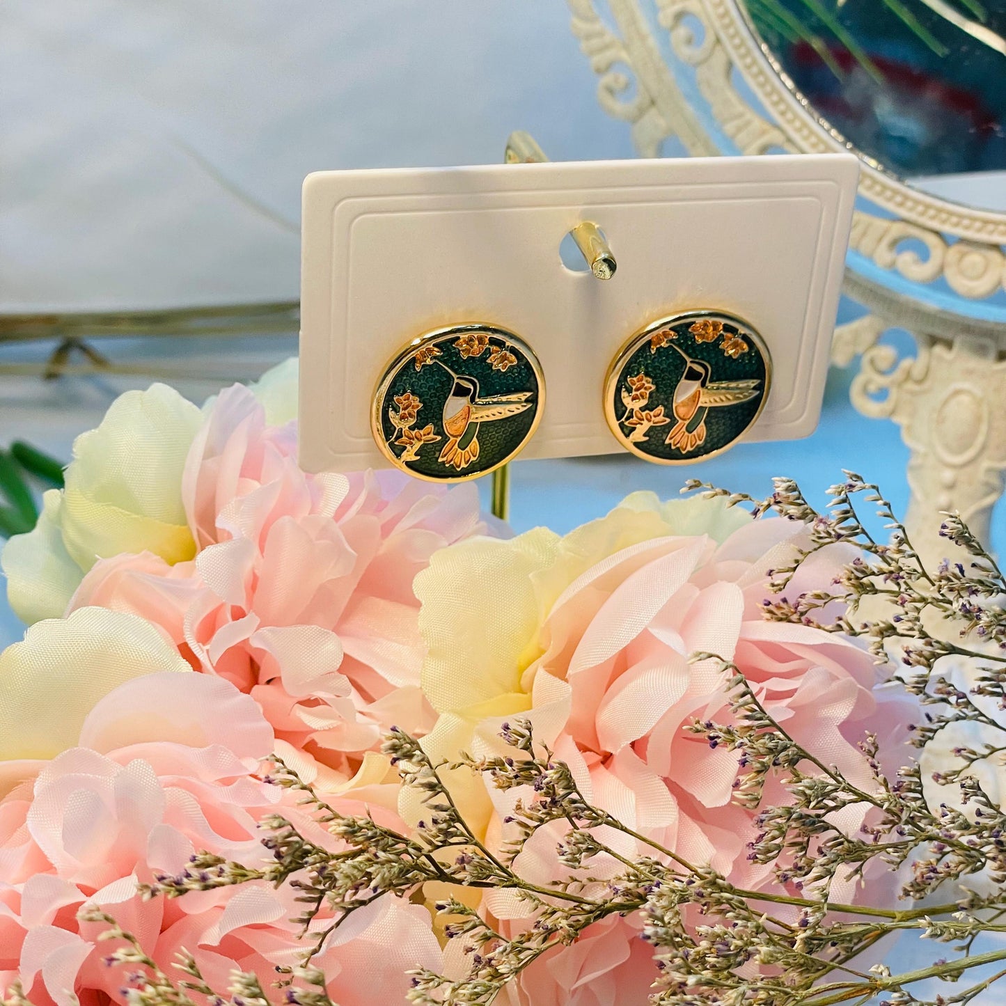Brass Enamel Hummingbird Portrait Stud Earrings | Colorful Nature Flying Bird Post Earrings, Enameled Bird gold flower Earrings gift for her