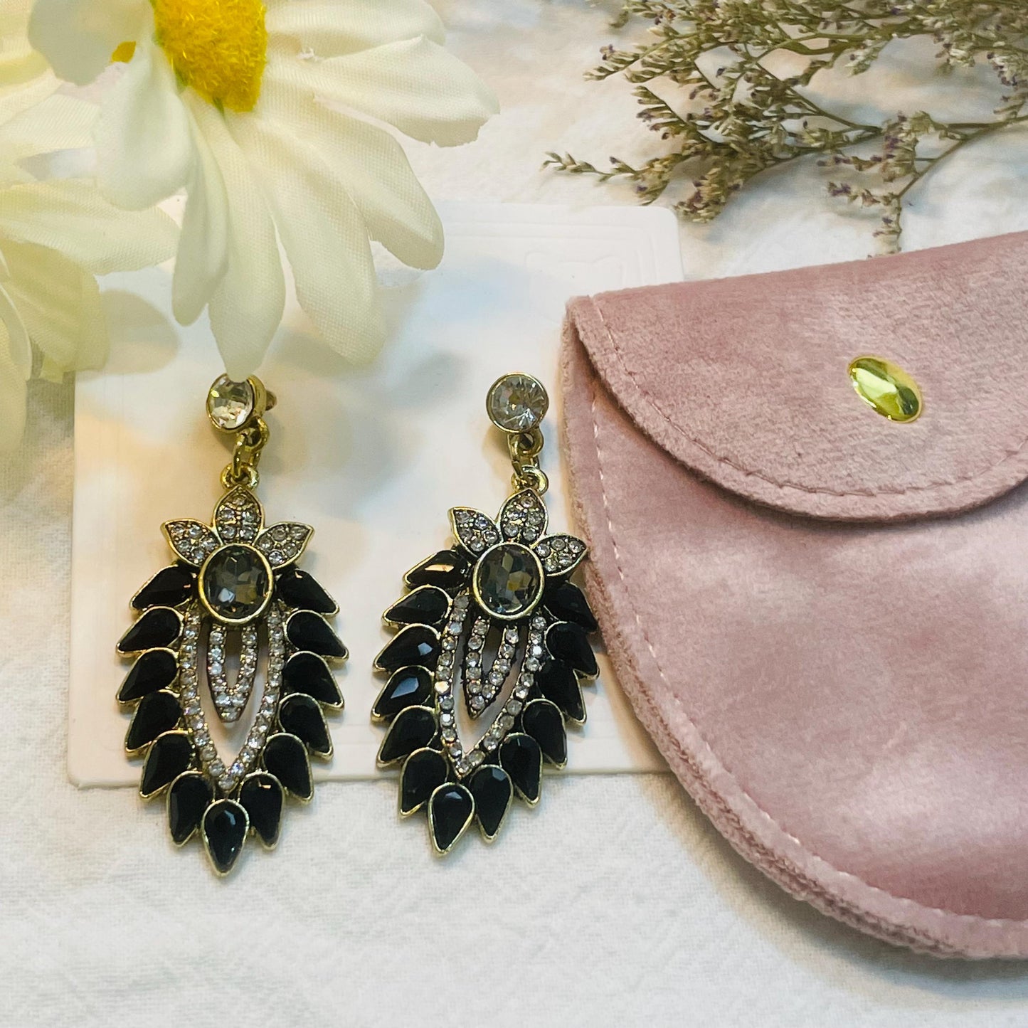 Black Cubic Zirconia Leaf Earrings, Black Gold Earrings Bridal Black Earrings Crystal Gold Black Crystal Earrings Bridesmaids Black Earrings