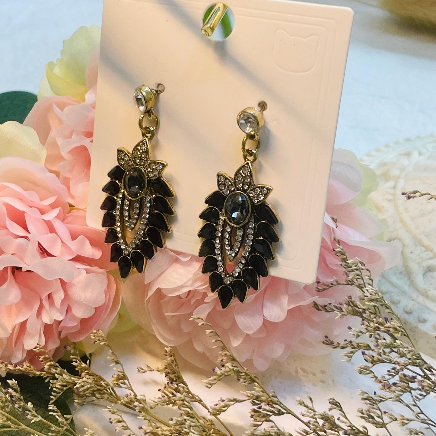 Black Cubic Zirconia Leaf Earrings, Black Gold Earrings Bridal Black Earrings Crystal Gold Black Crystal Earrings Bridesmaids Black Earrings