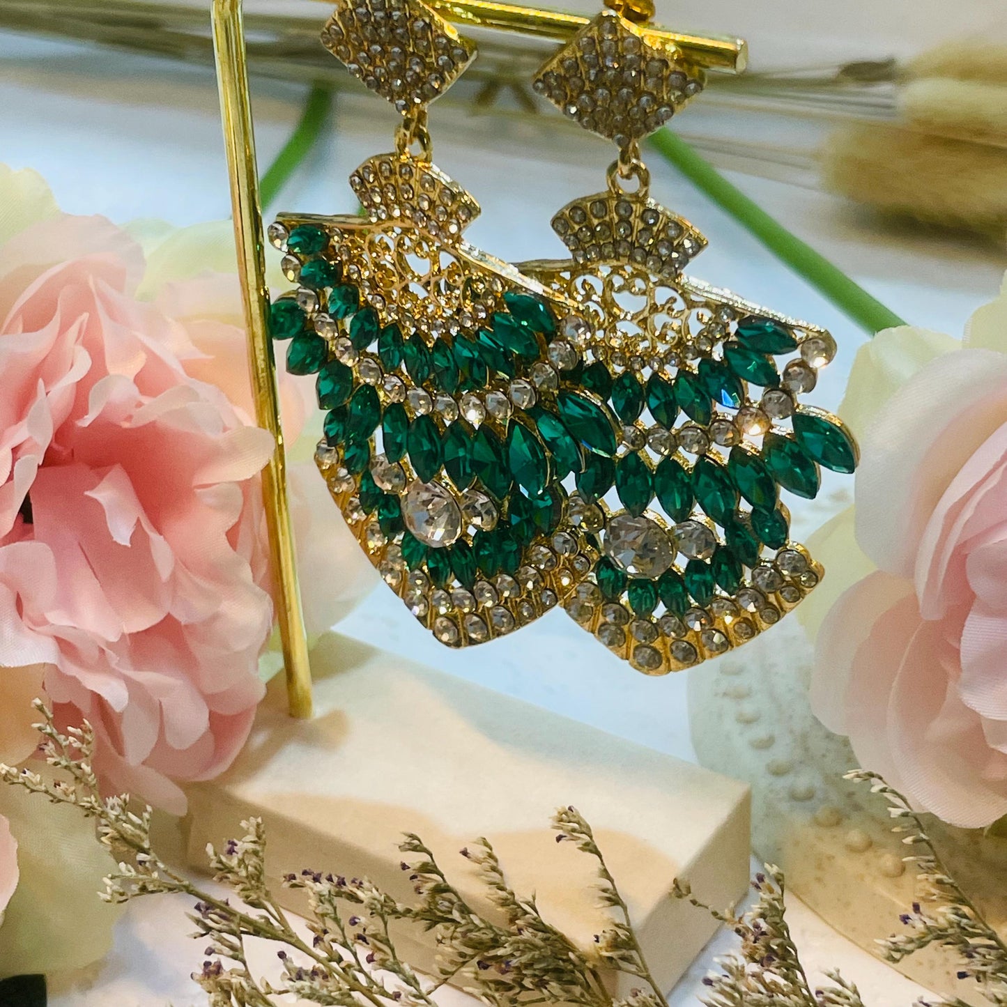 Fan Tassel Earrings | Fringe Earrings green rhinestones Earrings crystal Earrings Boho Skirt Design Vintage Drama drop earrings Gift for Her