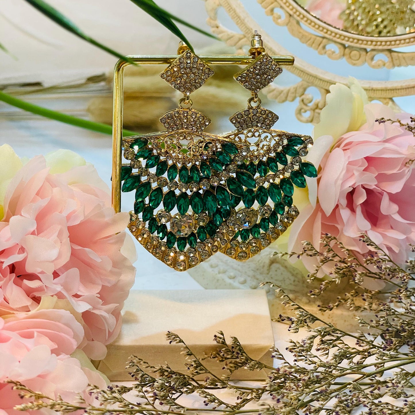 Fan Tassel Earrings | Fringe Earrings green rhinestones Earrings crystal Earrings Boho Skirt Design Vintage Drama drop earrings Gift for Her
