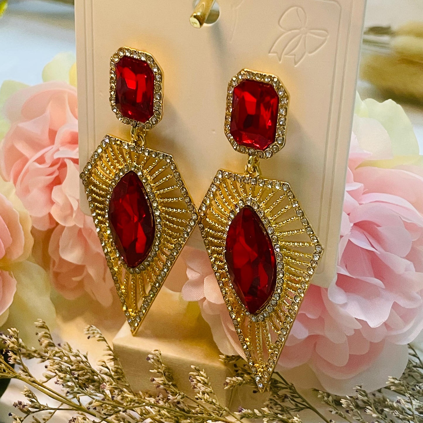 Red Crystal Halo Dangle Drop Earrings, Ruby Red Crystal Earrings, geometric Red Crystal Dangle Earrings, Red rhinestones Birthstone Jewelry