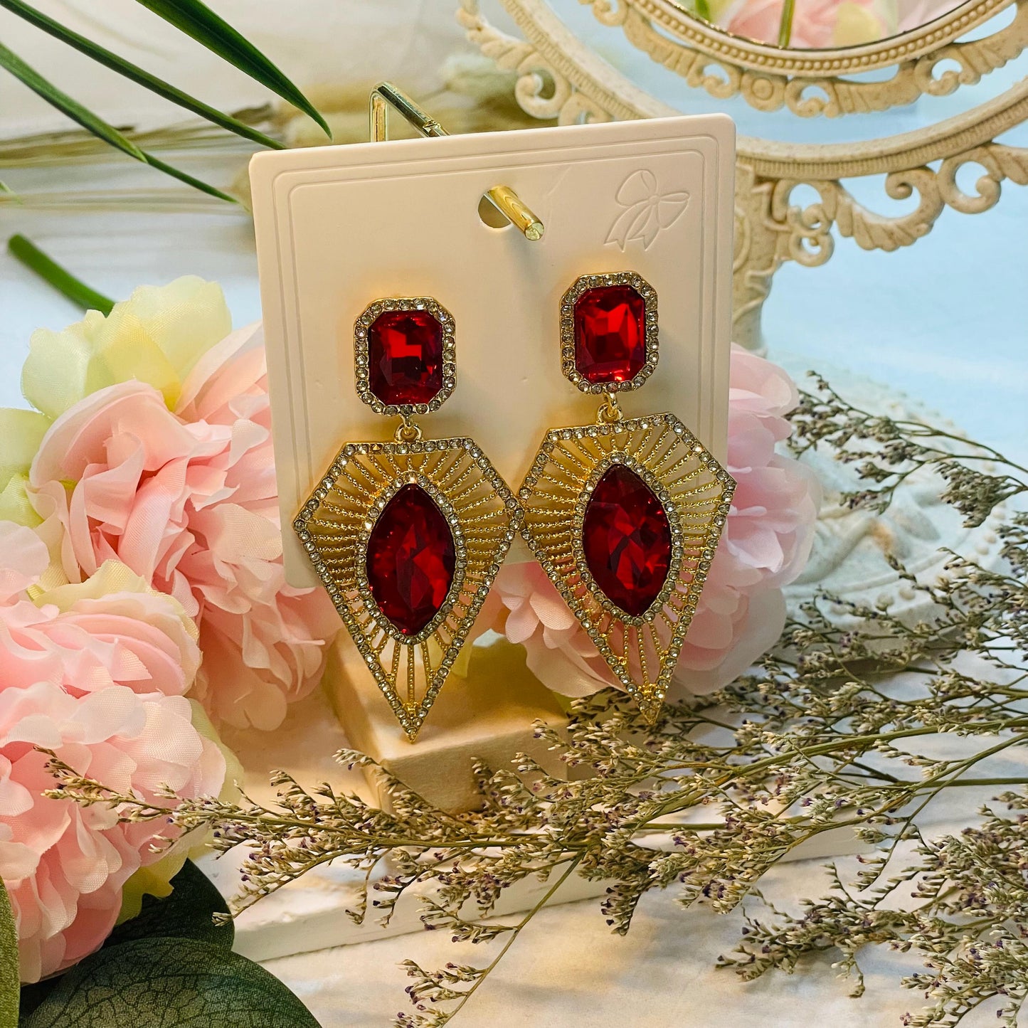 Red Crystal Halo Dangle Drop Earrings, Ruby Red Crystal Earrings, geometric Red Crystal Dangle Earrings, Red rhinestones Birthstone Jewelry