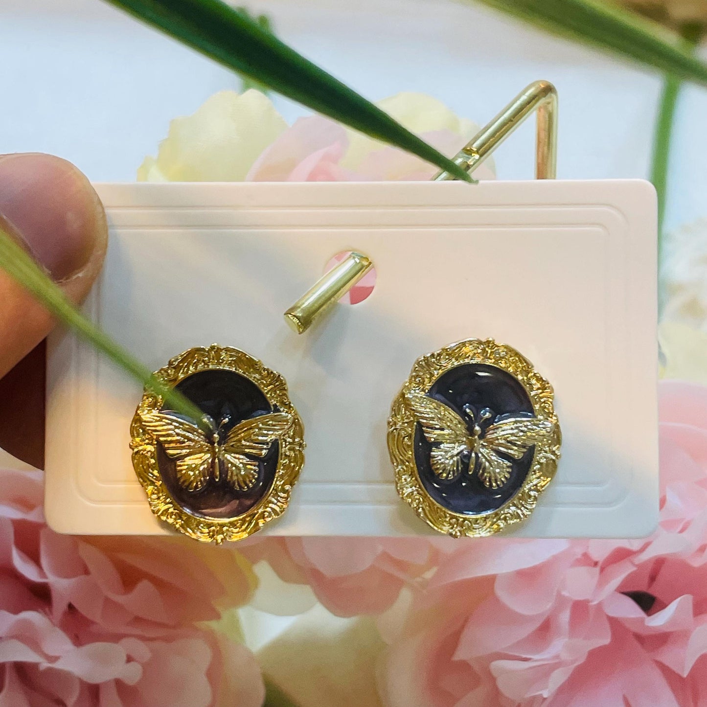 Gold Butterfly Charm stud Earrings, Butterfly stud Earrings, Black Butterfly Earrings Gold Charm Earrings black resin stud earrings gift
