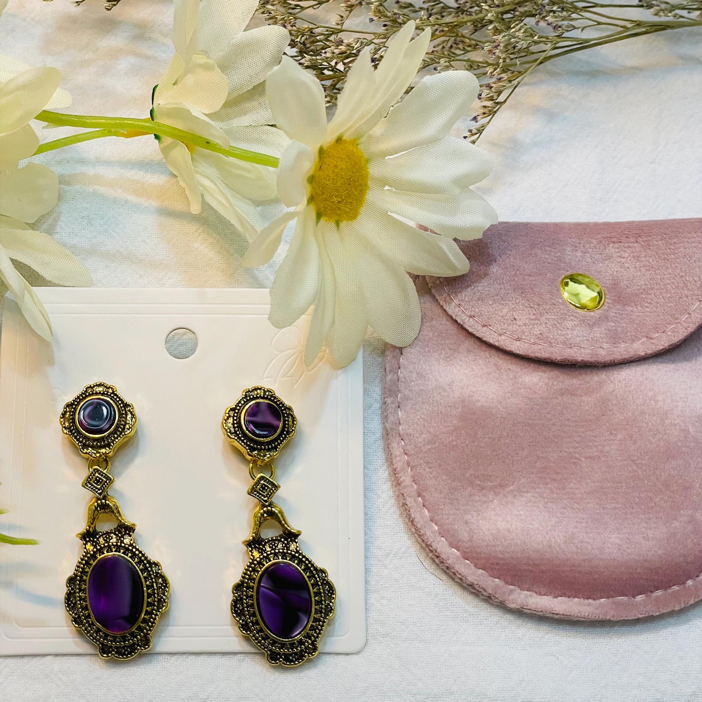 Vintage Gold Tone Purple Resin Beaded Dangle Earrings, Statement Gold Drop Purple Stone Pierce Earrings, purple retro drop earrings gift