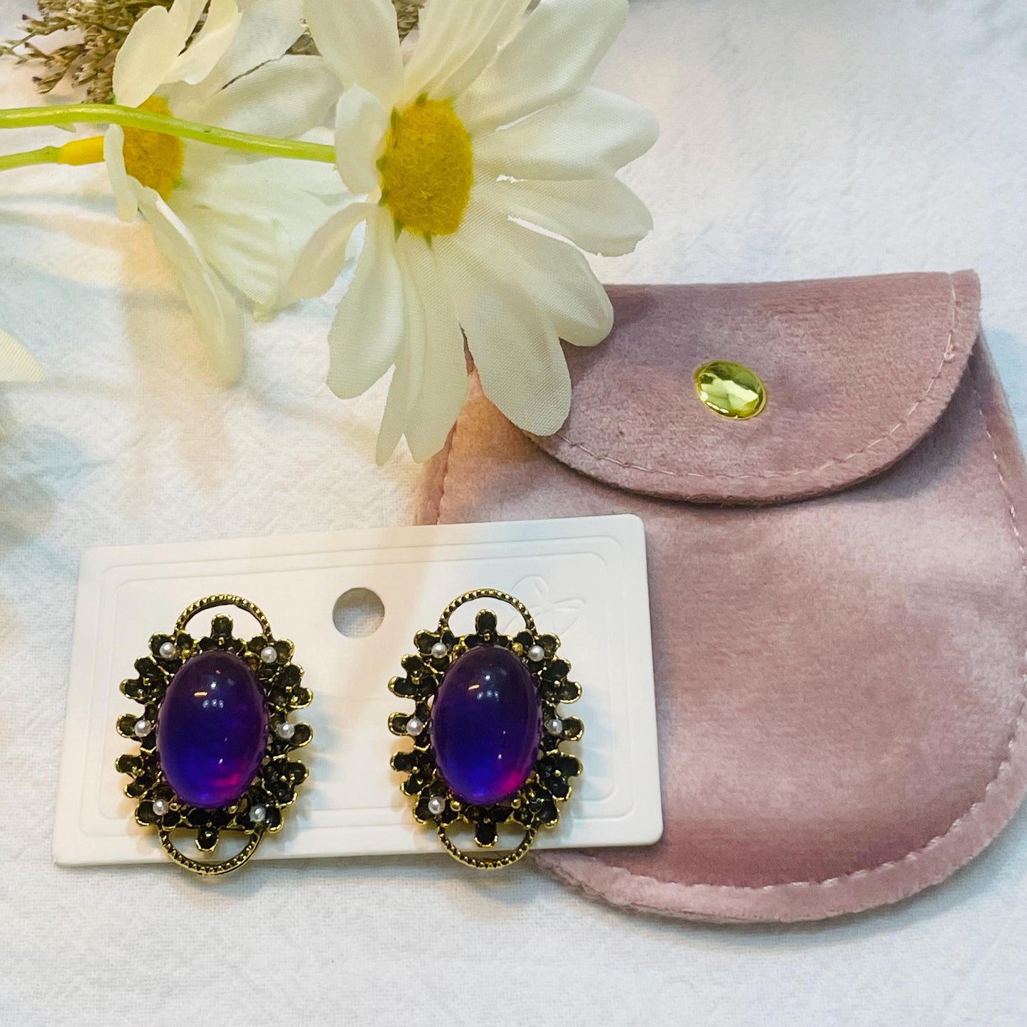 Violet Purple Clip on Earrings for Women, Victorian style Gold tone with Faux pearl, No Pierce Earrings Purple Stud Earrings for Women gifts