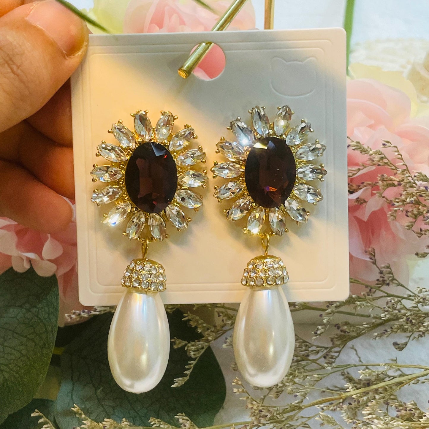 Glamorous Pearl Drop Earrings with Burgundy Stone, Vintage-Inspired Floral Design, Elegant dangle Jewelry for Women, Perfect Gift for her