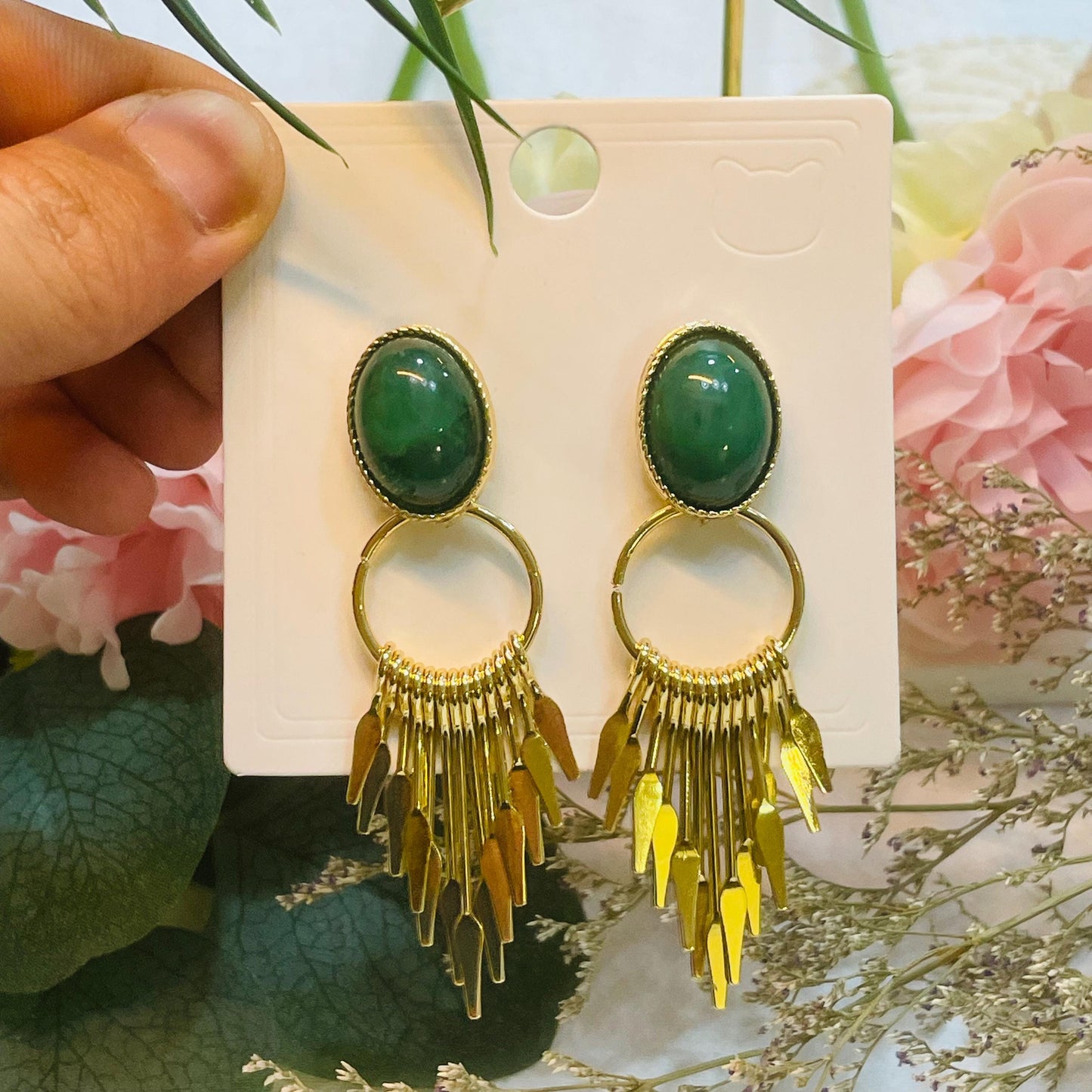 Green Oval Stone Gold Drop Earrings, Green Gemstone Dangle Earrings, Gold Tone Statement Tassel Earrings with Oval Green Stone gift for Her
