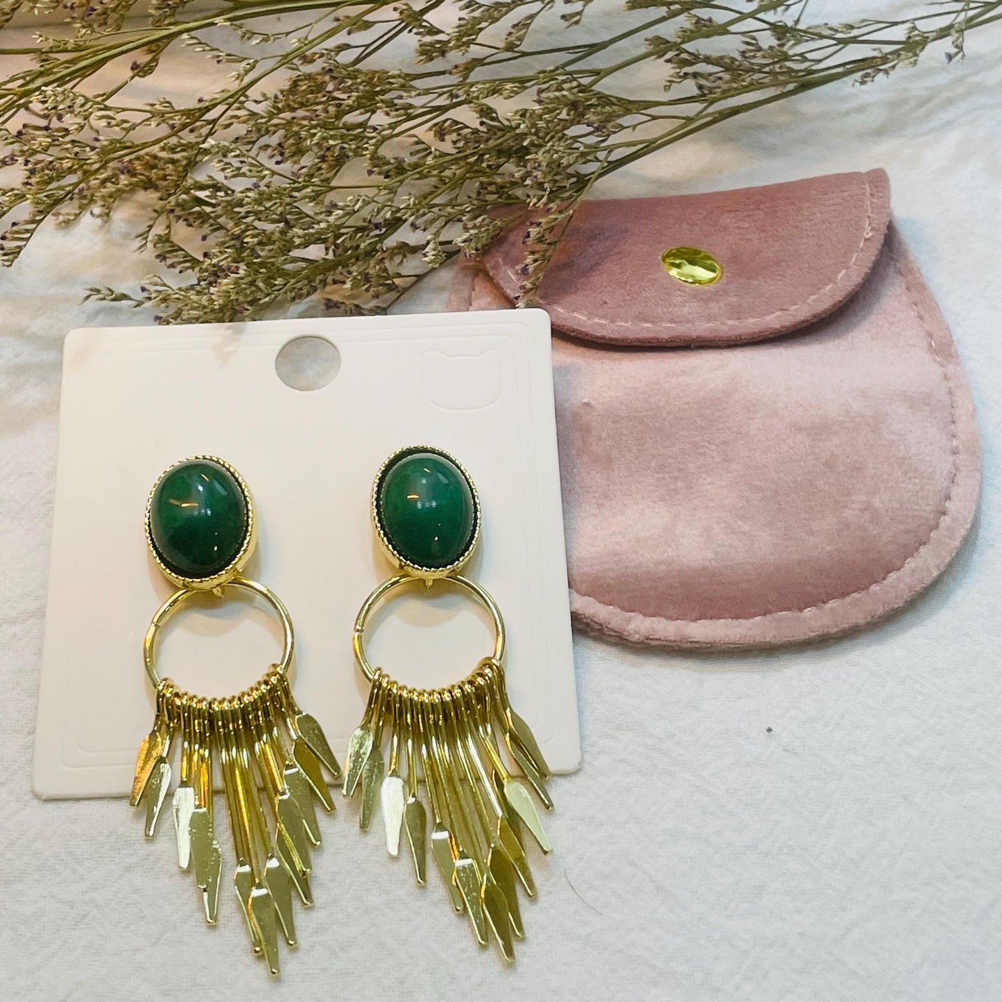 Green Oval Stone Gold Drop Earrings, Green Gemstone Dangle Earrings, Gold Tone Statement Tassel Earrings with Oval Green Stone gift for Her