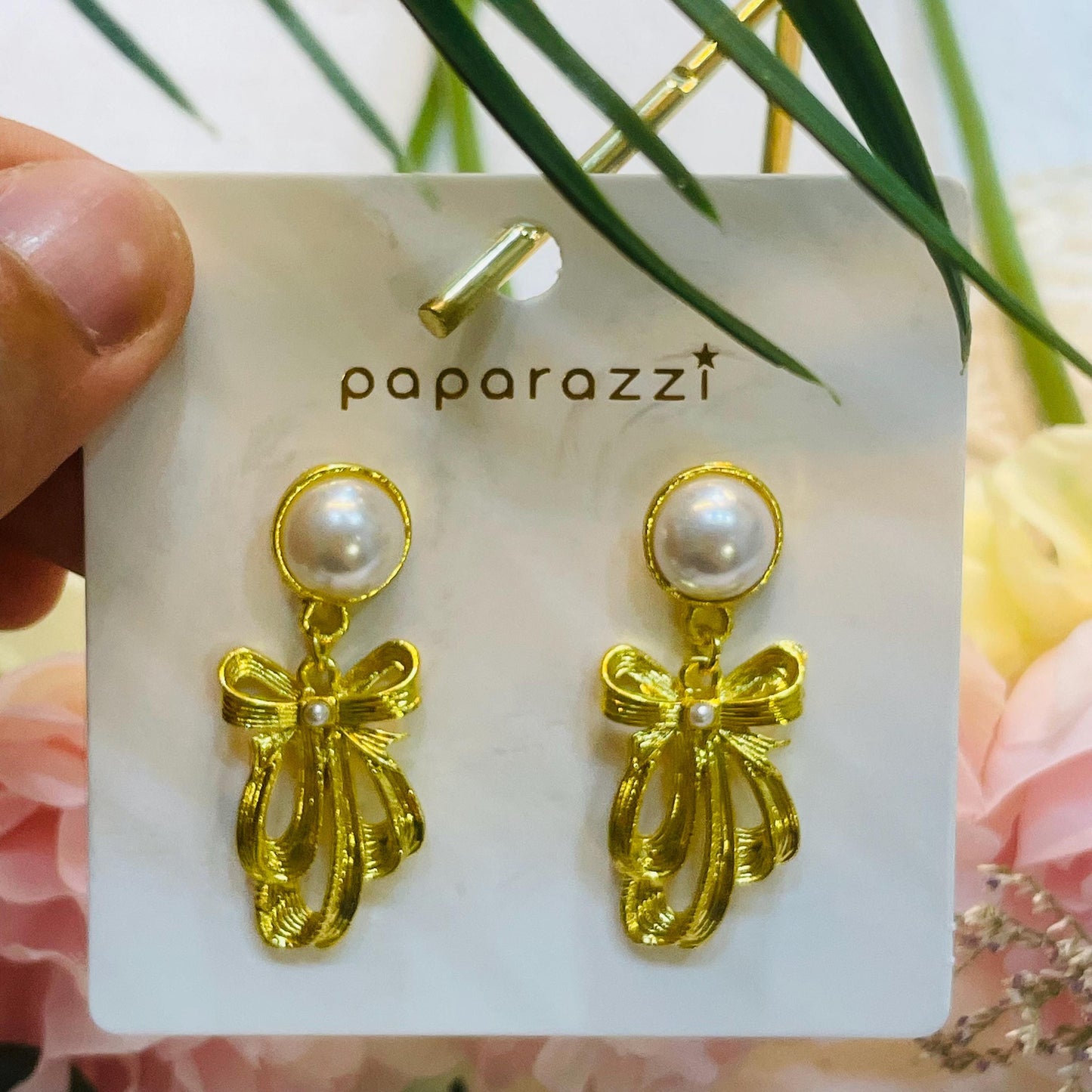 Elegant Gold tone Pearl Drop ribbon Earrings, Pearl Bow Earrings Gold Pearl Dangle Earrings Statement Jewelry Gift for Her Ribbon Bow Dangle