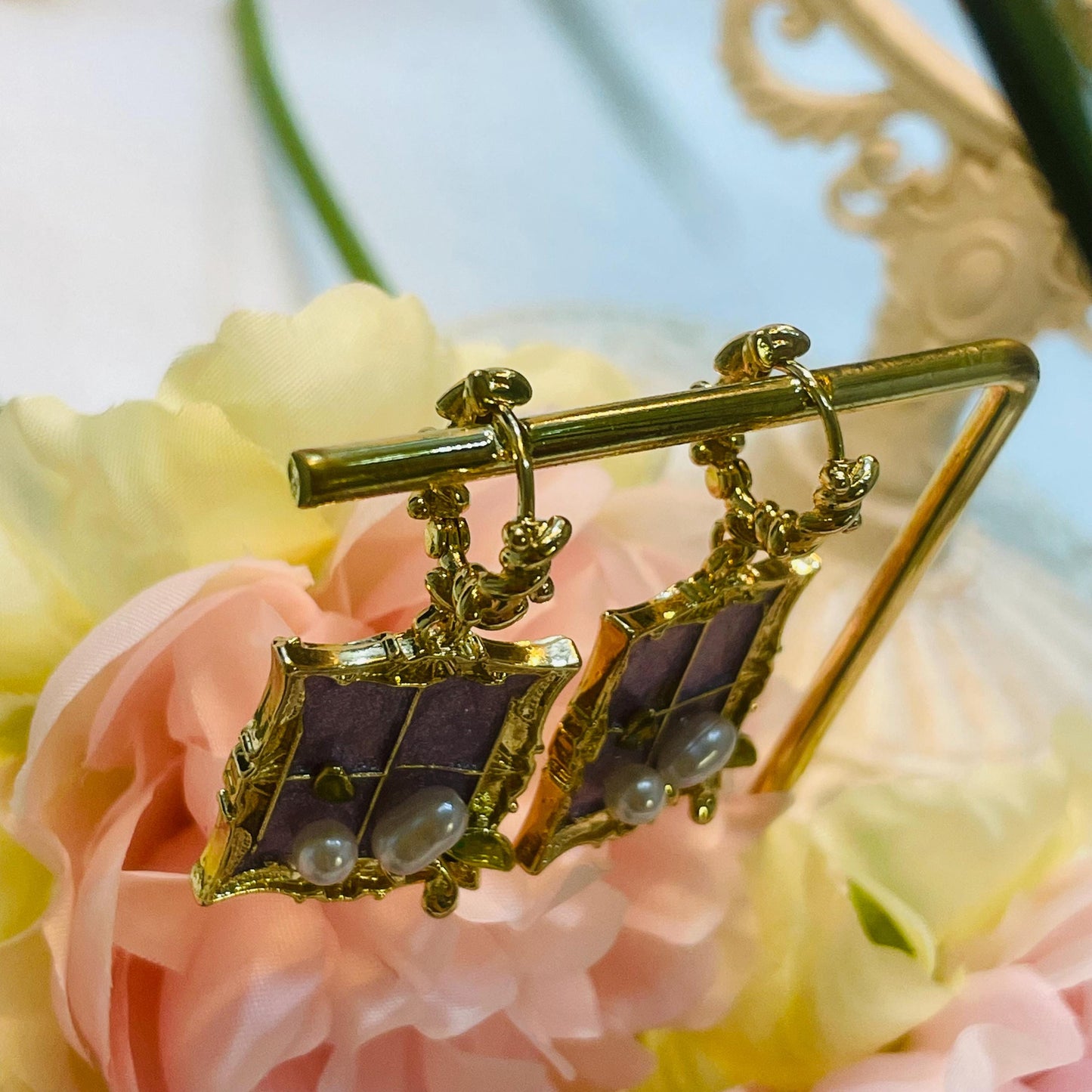 Elegant Gold Tone Purple Enamel Pearl Drop Earrings, Vintage Floral and leaf Pearl Dangle Earrings, Statement Jewelry birthdays Gift for Her