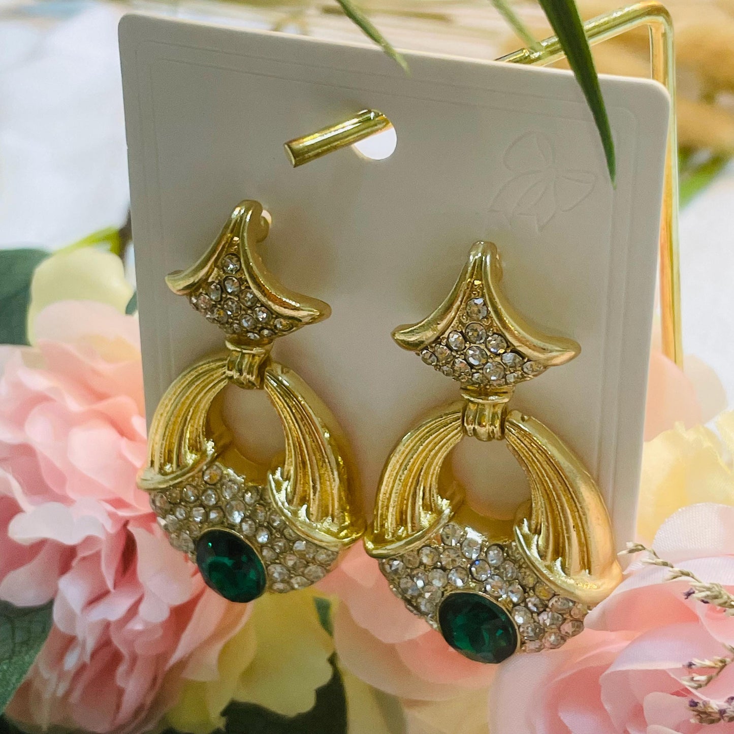 Vintage Gold Drop Oval Green Crystal Rhinestone Earrings, Gold Pearl Dangle Earrings with Green Gemstone, Statement Earrings Gift for Her