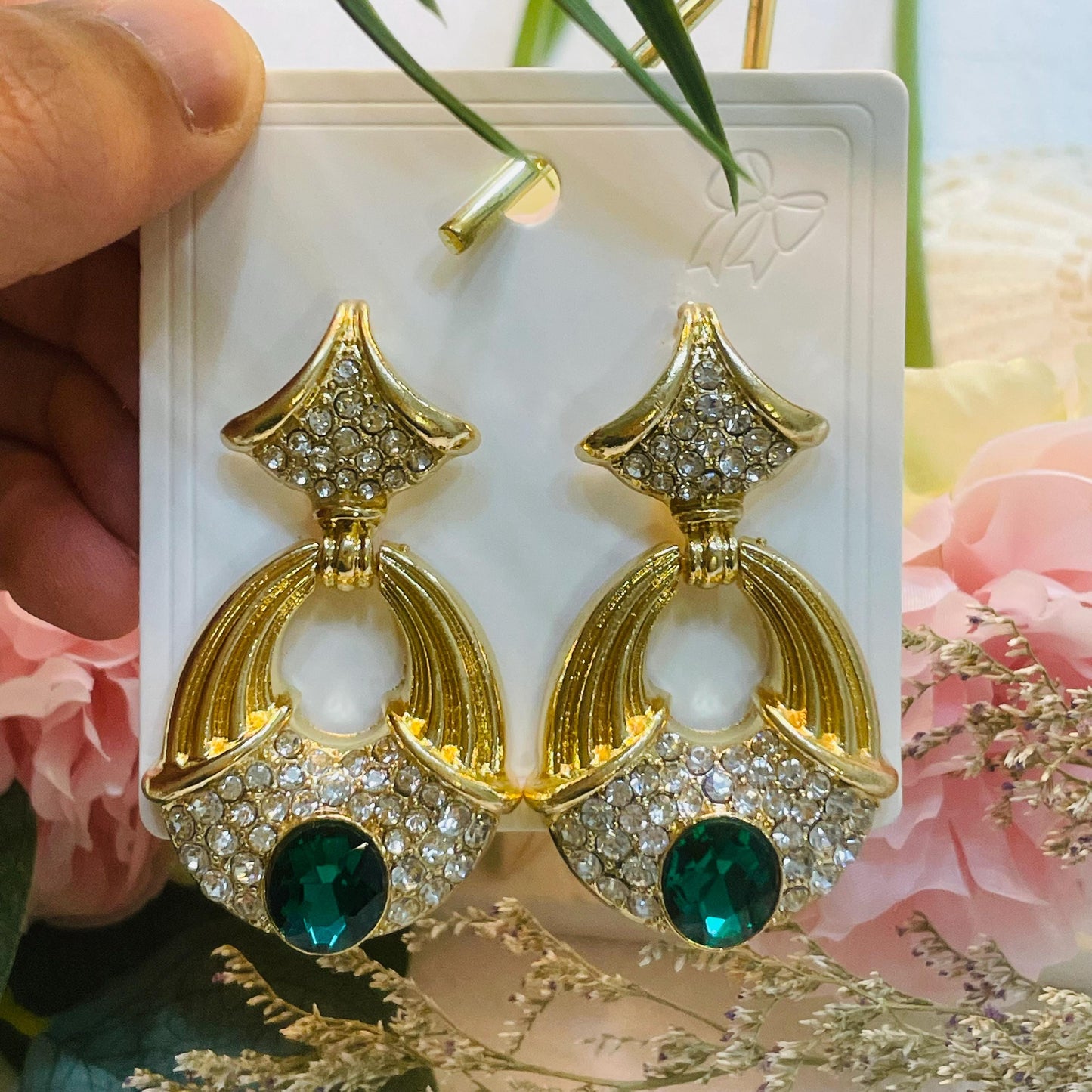 Vintage Gold Drop Oval Green Crystal Rhinestone Earrings, Gold Pearl Dangle Earrings with Green Gemstone, Statement Earrings Gift for Her