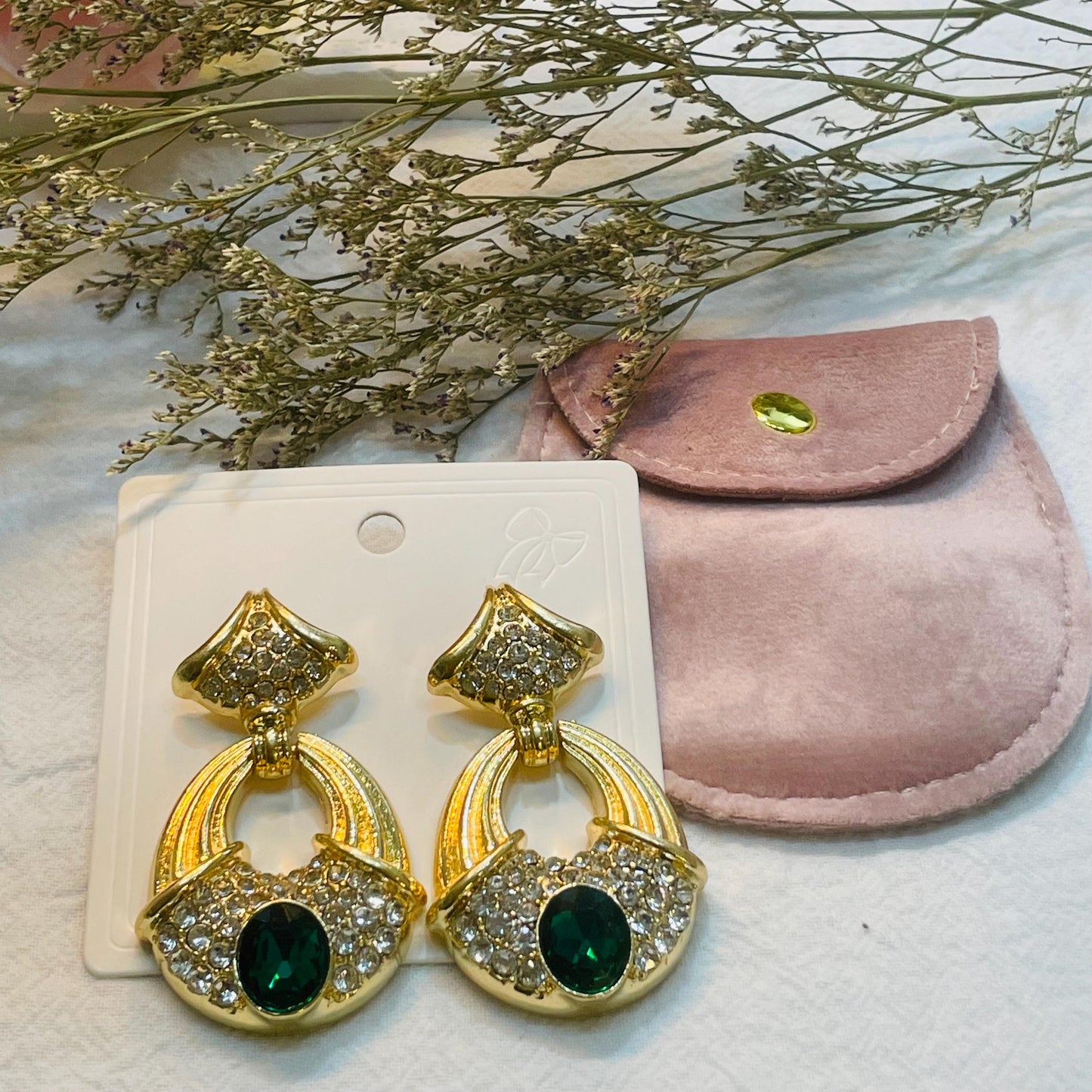 Vintage Gold Drop Oval Green Crystal Rhinestone Earrings, Gold Pearl Dangle Earrings with Green Gemstone, Statement Earrings Gift for Her